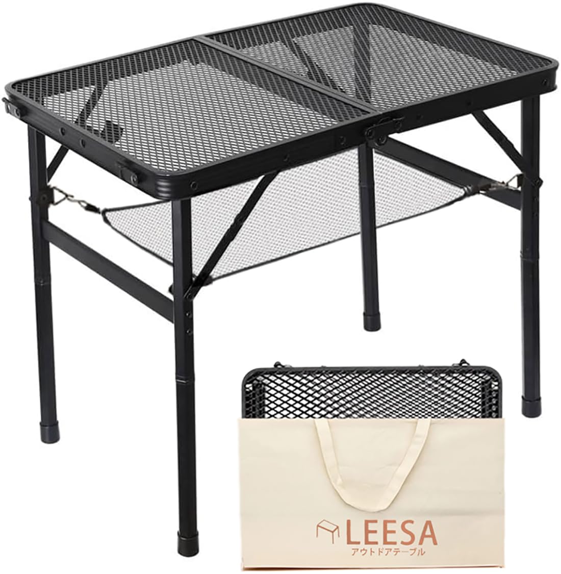 キャンプ テーブル アウトドア メッシュ 熱・水に強い 二つ折り 組立簡単 軽量 コンパクト ローテーブル 耐荷重25kg 耐熱200度 高さ2段階調整可能 収納袋付き Black