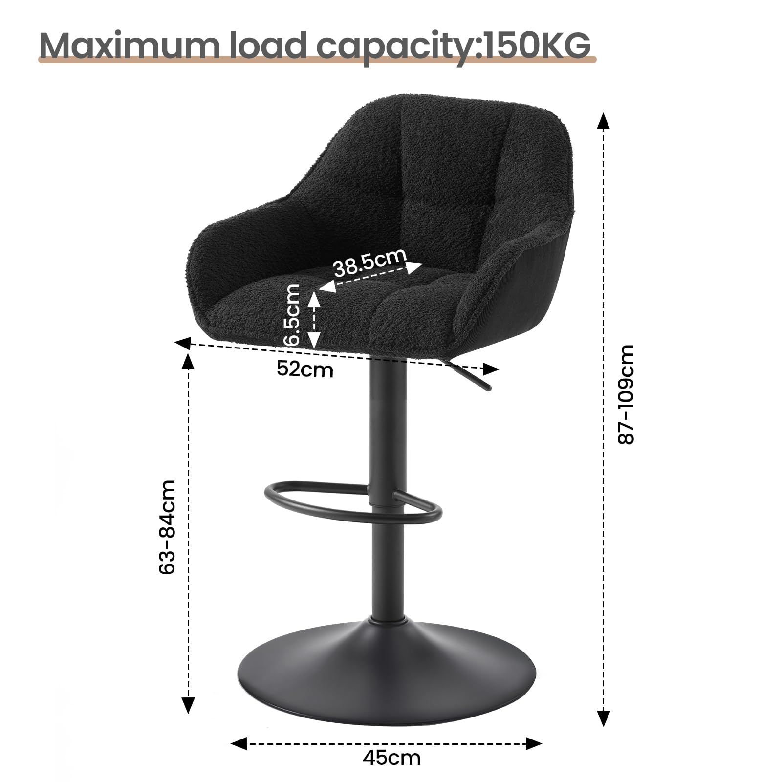WOLTU Tabouret de Bar, Lot de 2, Chaise de Bar, Réglable en Hauteur, Siège Rembourré Pivotant, avec Dossier, Repose-Pieds, Chenille+Velours Côtelé, Noir, BH400sz-2