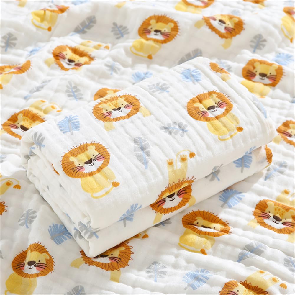 Chickwin Muslins Swaddle Blanket for Newborn/Baby, Soft Comfortable 6 Layers of Cotton Muslins Cloths Bath Towel Toddler Baby Shower Pram Cot Bed Sleeping Throw (110x110cm,Lion)