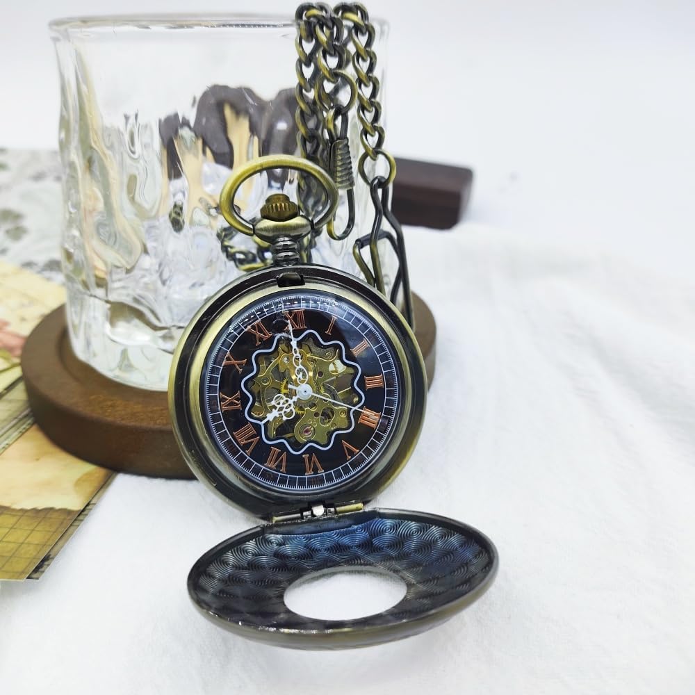 Men's Black Mechanical Retro Pocket Watch, Classic Manual Winding Mechanical Pocket Watch, with Chain, Suitable for Various Holidays as a Thoughtful Gift.