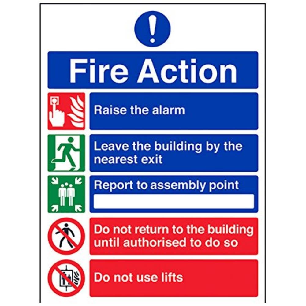 V Safety 5 Message Fire Action Notice Sign - 300mm x 400mm - Self Adhesive Vinyl