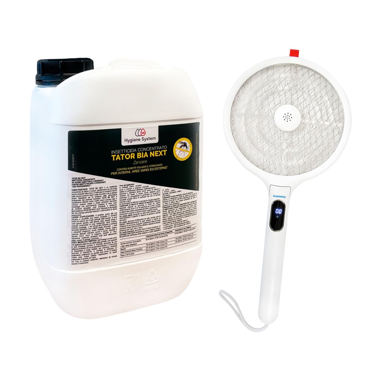 Hygiene System Kit Antizanzare: Insetticida Zapi Tator BIA Next 5 L + Racchetta Elettrica (Bianco) – Contro Zanzare, Mosche e Insetti Volanti per Giardini e Terrazze