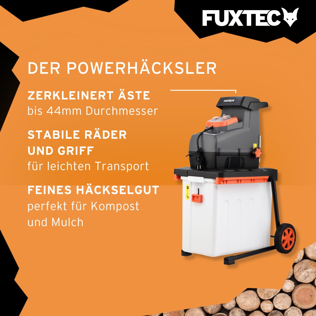 FUXTEC Elektro Gartenhäcksler FX-EGH2800B, Walzenhäcksler mit 2800W Leistung und Rückwärtslauf, zerkleinert Äste bis 44mm Durchmesser, leise & kraftvoll mit 60L Auffangbox und Überlastschutzsystem