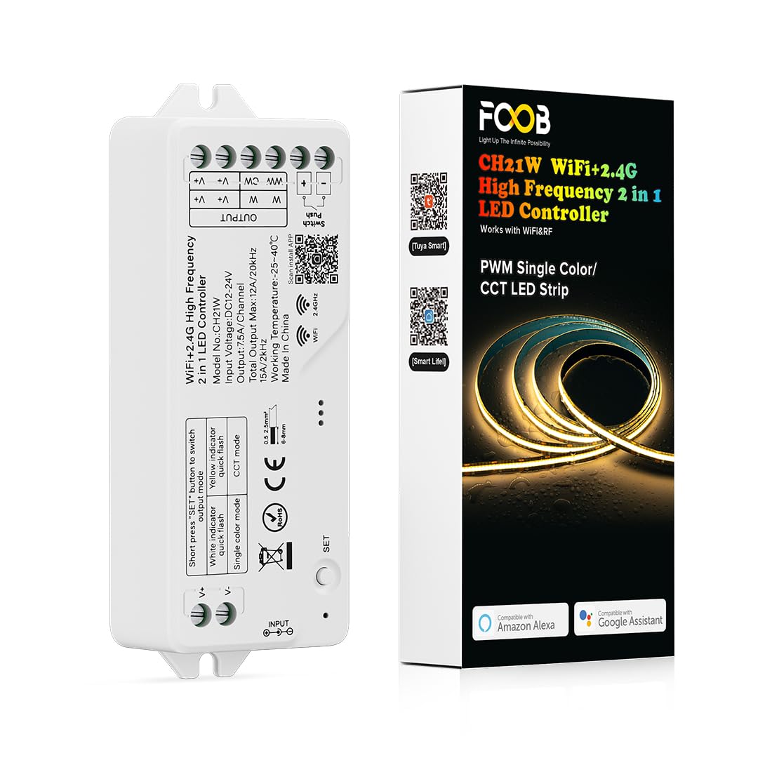 FCOB CH21W WiFi 2.4G CCT Monocromatico 2in1 Controllore LED Alta Frequenza | Alexa Google Assistant Tuya APP Controllo per striscia LED 5050SMD COB CCT monocolore Con RC01RFB RC02RFB DC12V DC24V