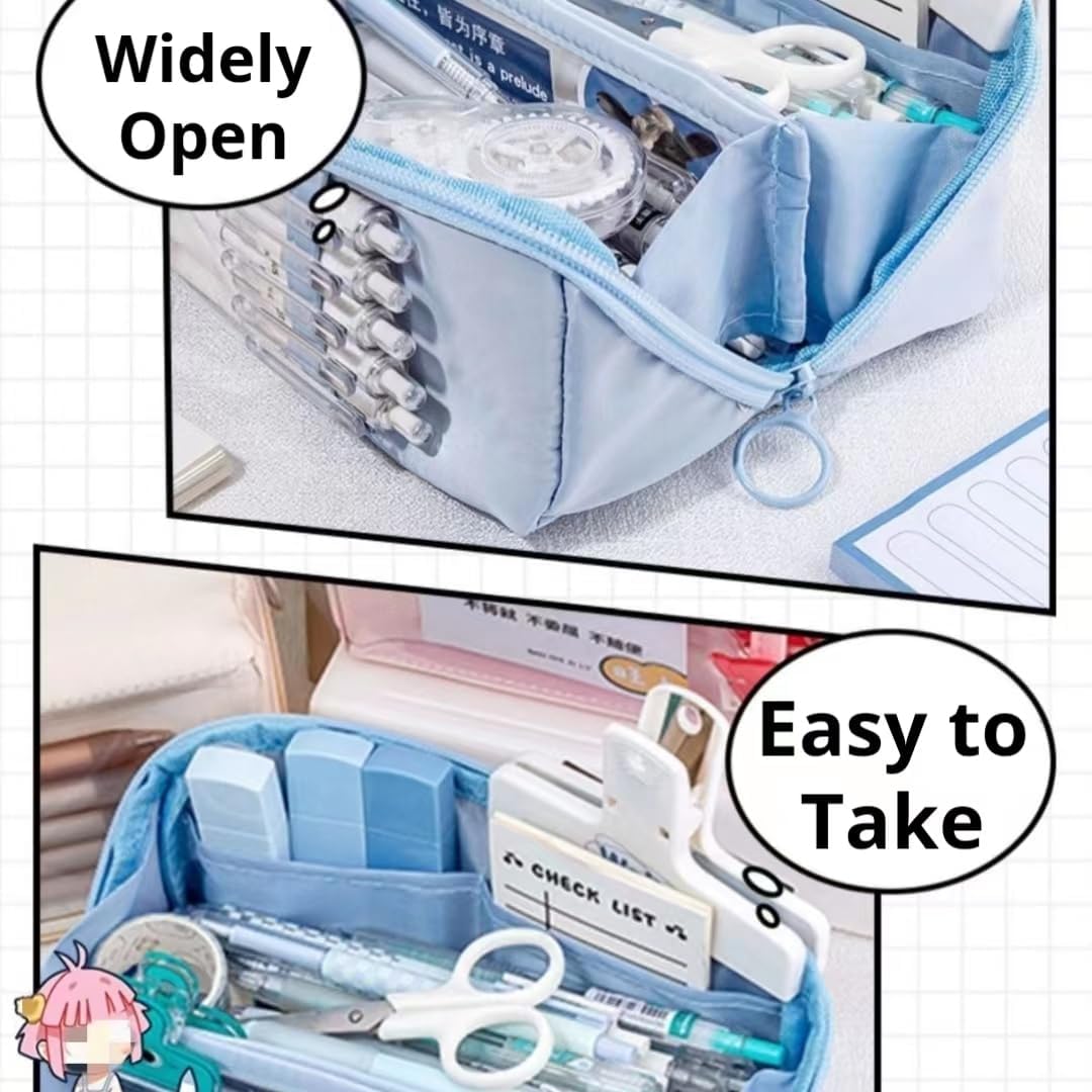 AuraGlor Big Capacity Pencil Case 8 Compartments Large Pencil Pouch Pen Bag Pencil Box Holder Organizer Simple Storage Aesthetic Stationery Cosmetic for Adults Men Women Office Essentials (Blue)