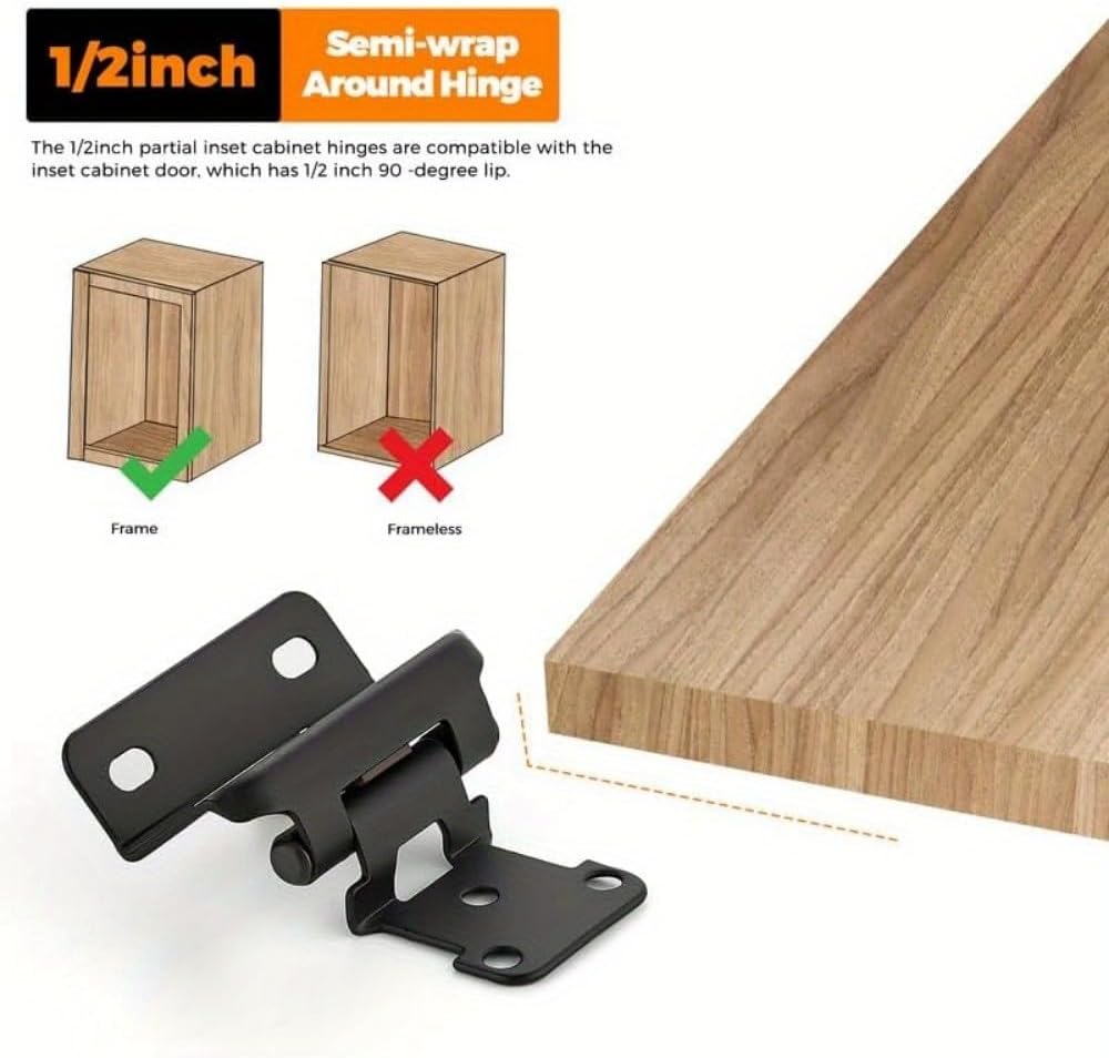 2Pcs 1/2" Overlay Black Cabinet Hinges for Cabint Doors Partial Wrap Semi Concealed Self-Closing Face Frame Hinge for Cupboard & Kitchen Doors w/Screws