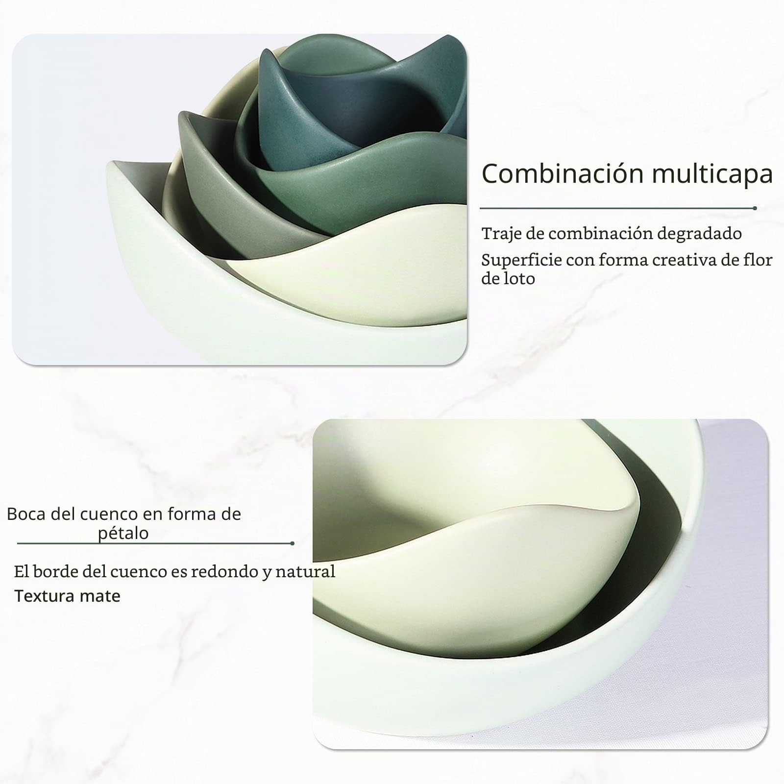 Notakia Gaobei Ensaladeras, 5 paquetes de cuencos de porcelana, cuencos de pasta en forma de loto, cuencos de cerámica únicos para ensalada, ideal para el hogar y el restaurante (verde)