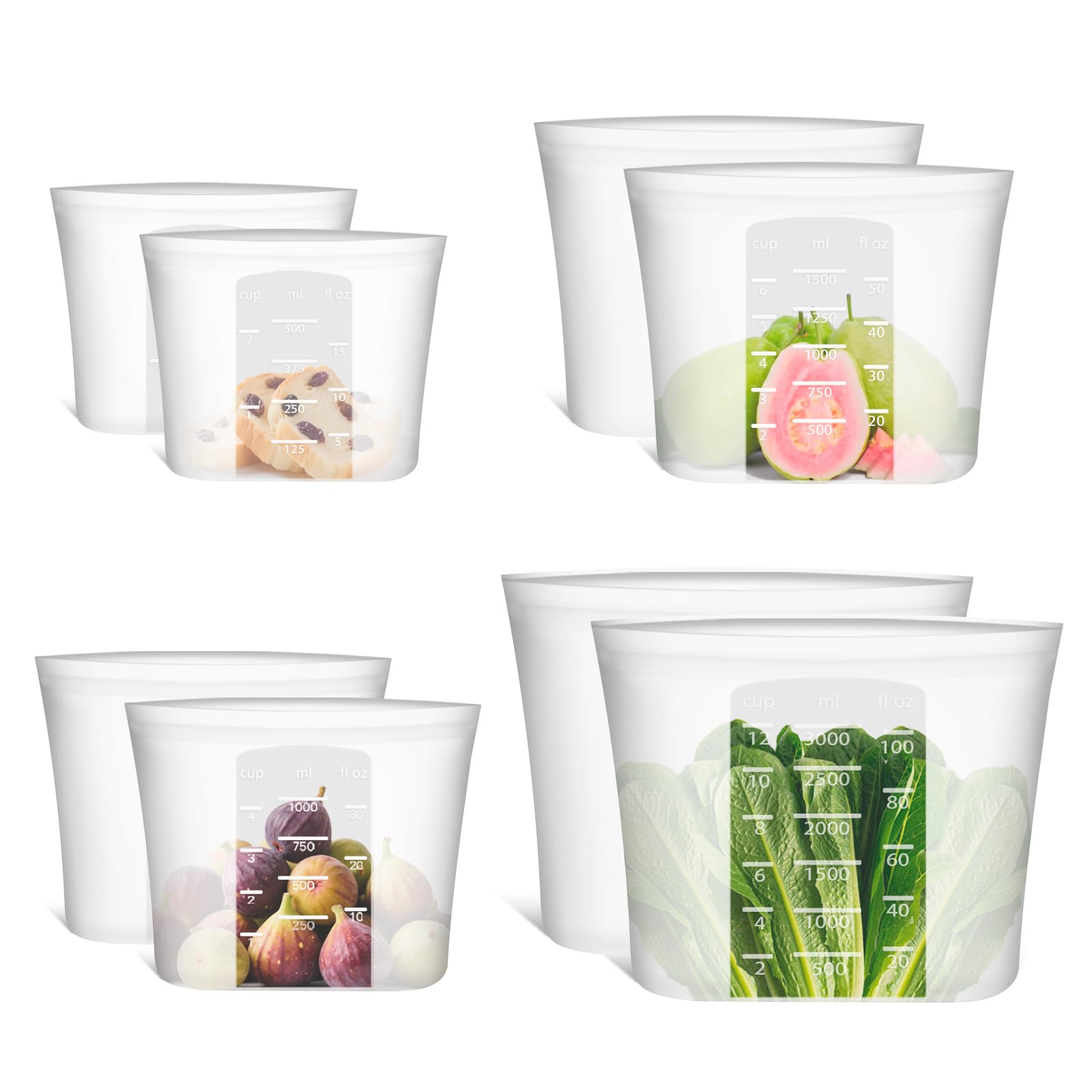Confezione da 8 sacchetti riutilizzabili in silicone per alimenti, 100% silicone, con chiusura a cerniera, riutilizzabili, per alimenti, congelatore, microonde, lavastoviglie, traslucidi, 2XL (0,8