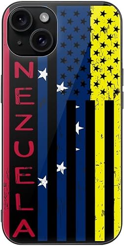 Funda protectora de cristal duro con bandera de Venezuela con la bandera de Estados Unidos, diseño de orgullo de país, compatible con iPhone 15,