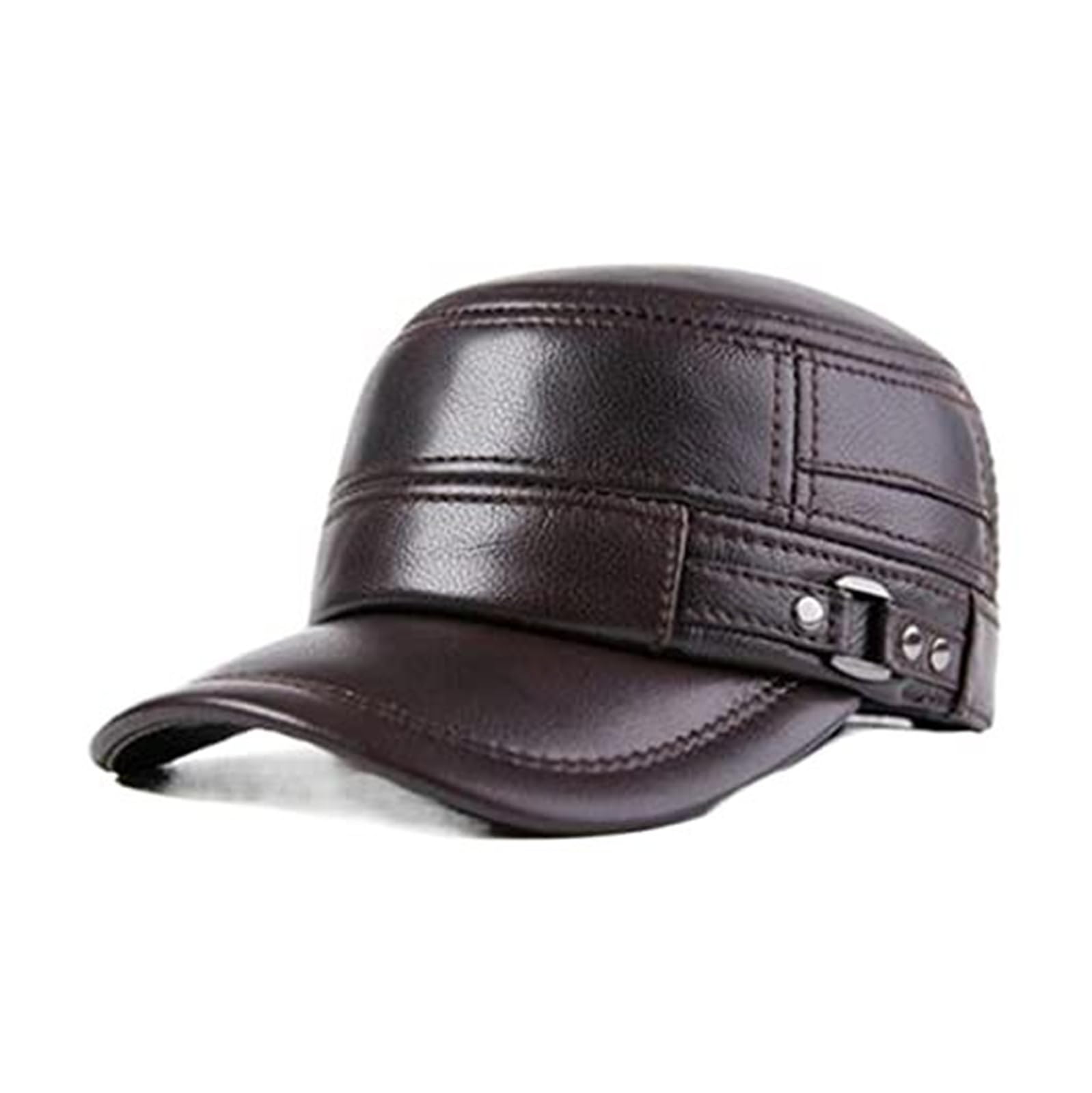 Adjustable Size Men Genuine Leather Flat Cap for Autumn Winter - Dark Brown (55-58cm)(55-58cm; Black)