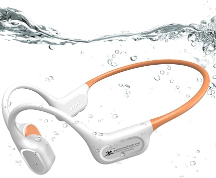 IP68 Waterproof Swimming Headphones, Bone Conduction Bluetooth 6.0 Headphones, Built-in 32GB MP3 Player, Soft Lightweight Open-Ear Design for Swimming Marathons Showers CyclingCream Orange