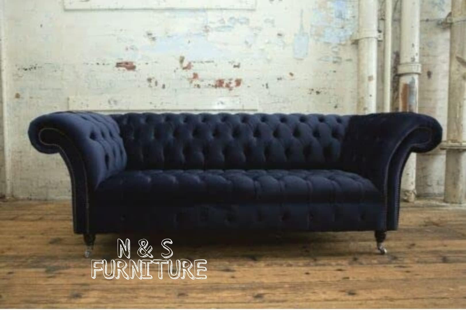 N & S FURNITURE Asian Modern & Luxury 3 Seater Chesterfield Hand Tufted Sofa Fabric & Velvet for Home & Living Room & Office & Guest Room Restaurant, Farm House. Color (Blue)