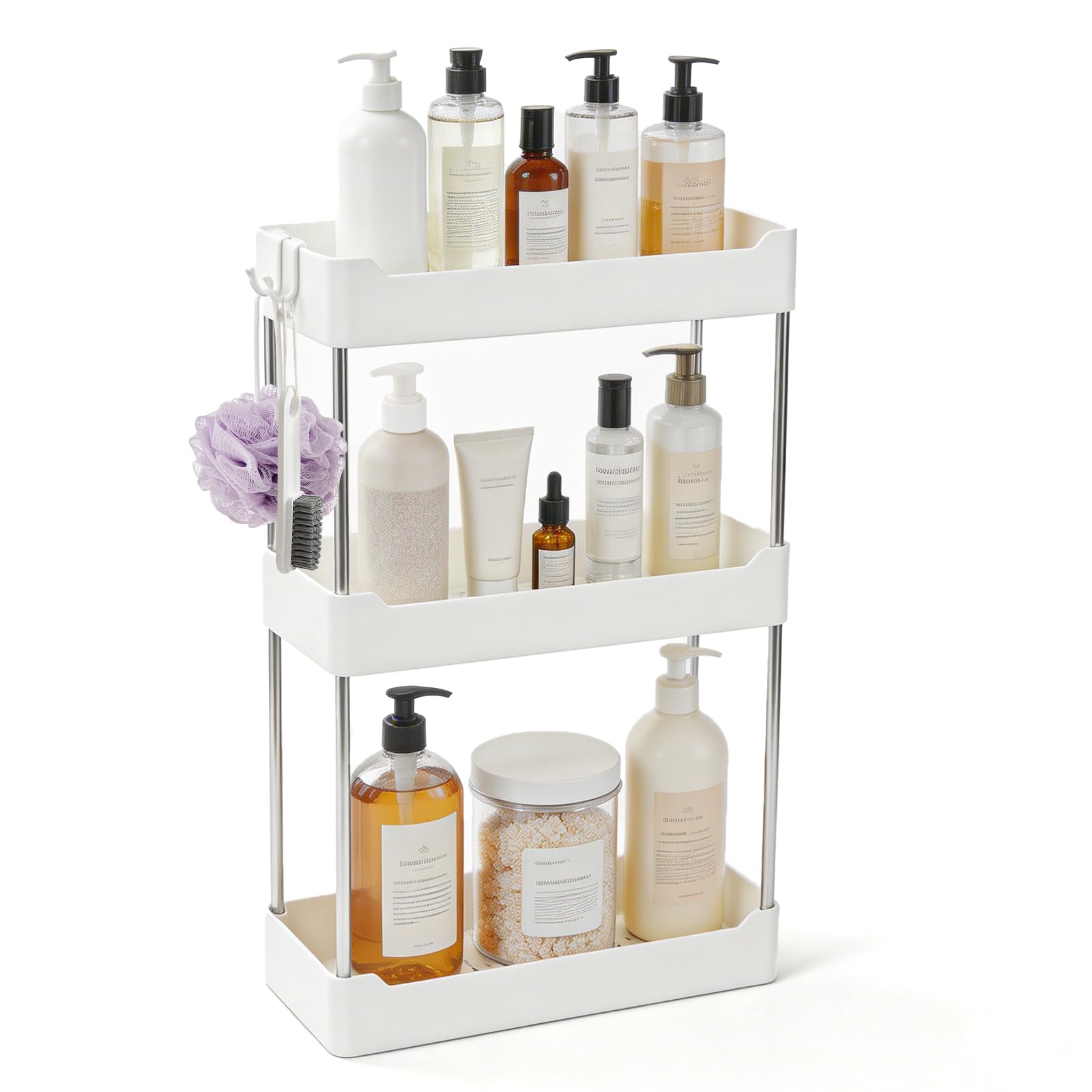 MAIJIAJU 3 Tier Bathroom Countertop Organizer, 4 Hooks White Cosmetics Rack