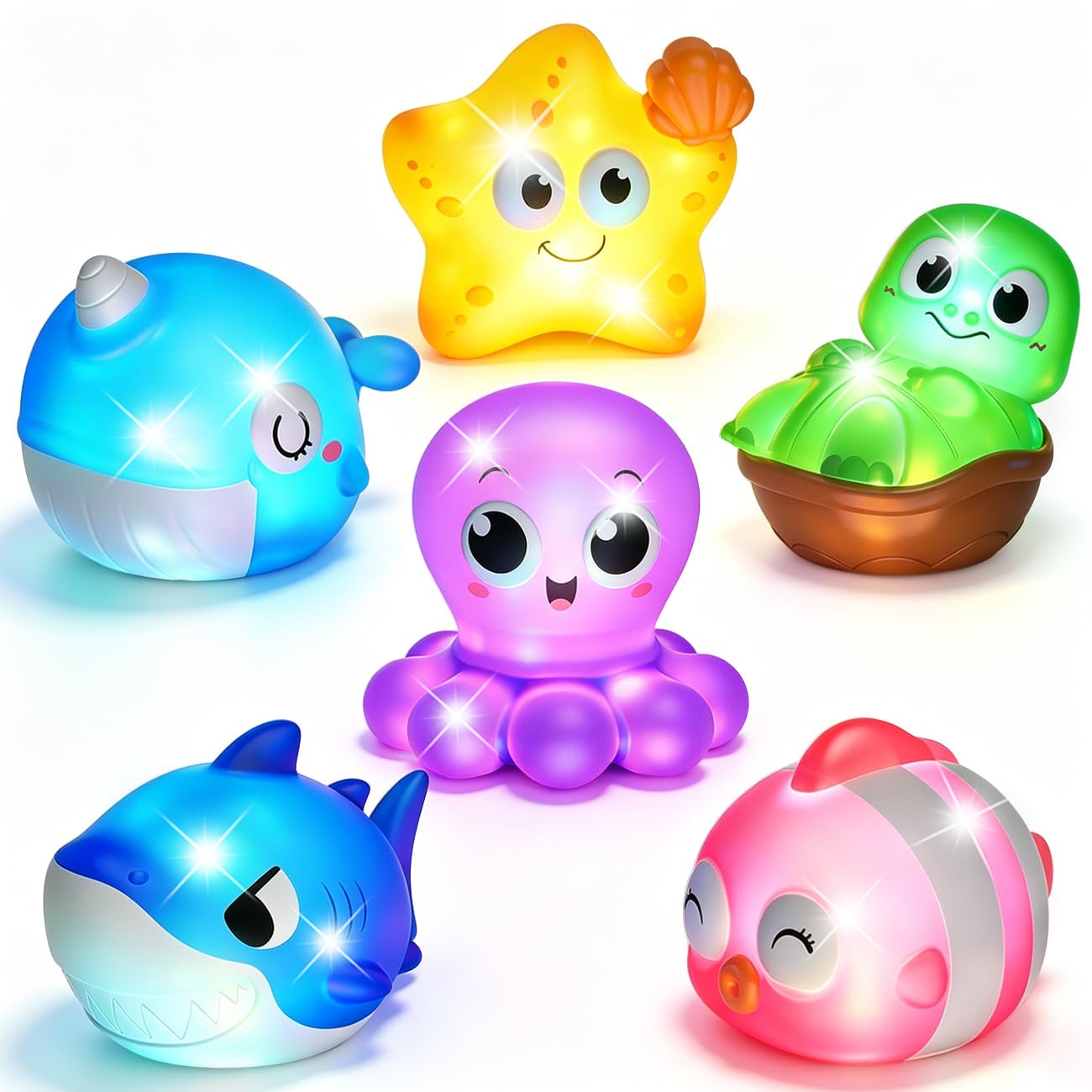 Light Up Bath Toys for Toddlers 1-3, Baby Ocean Water Toys for 6-12-18 Months with Flashing LED Lights, Baby Shower Birthday Gifts for Bathtub Toddler Kids Toys Age 1-3 (6 Pack)-image-5