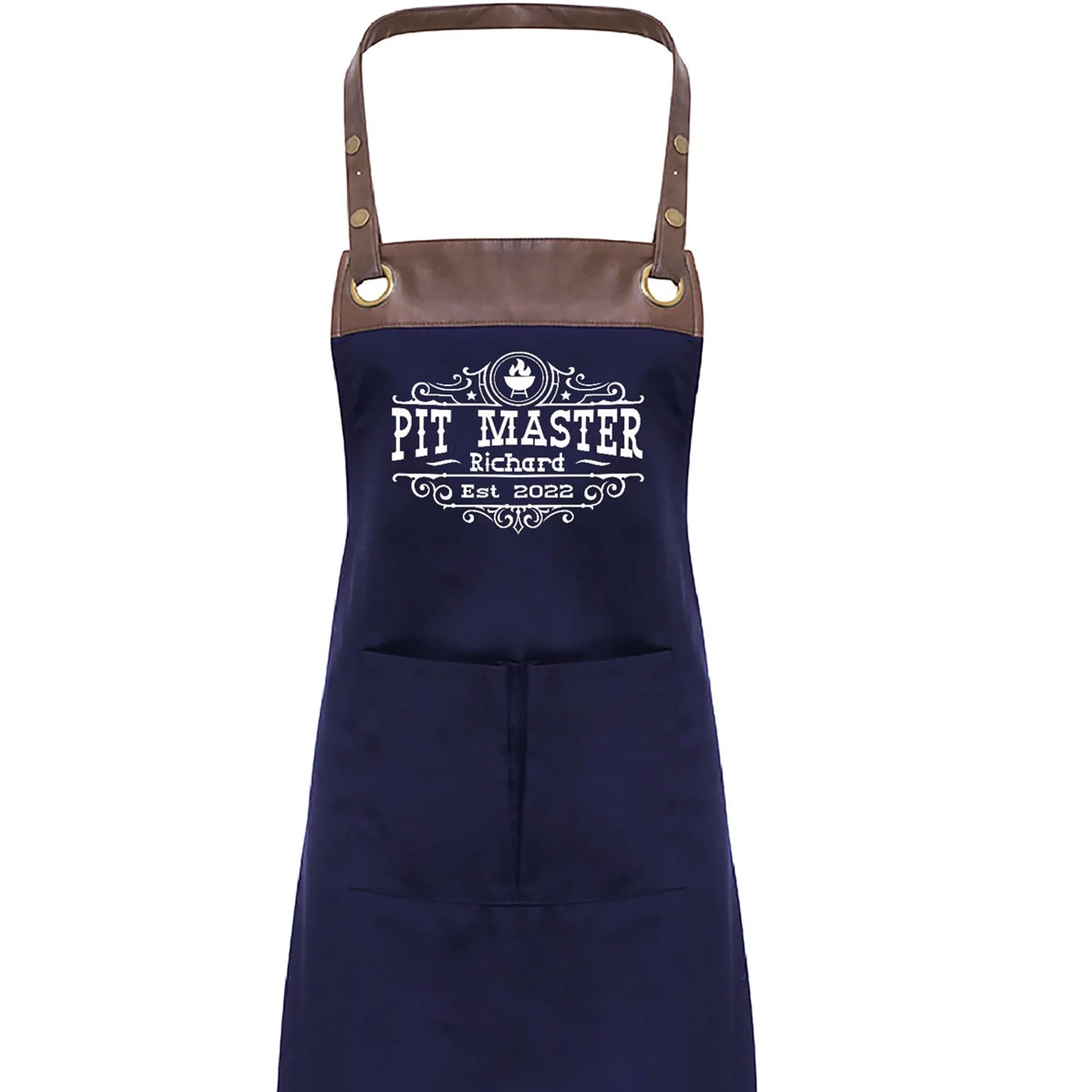 Premier Faux leather Trim Mens Personalised Apron BBQ, Pit Master, BARBECUE, Mans Apron With Pockets (Black Brown)