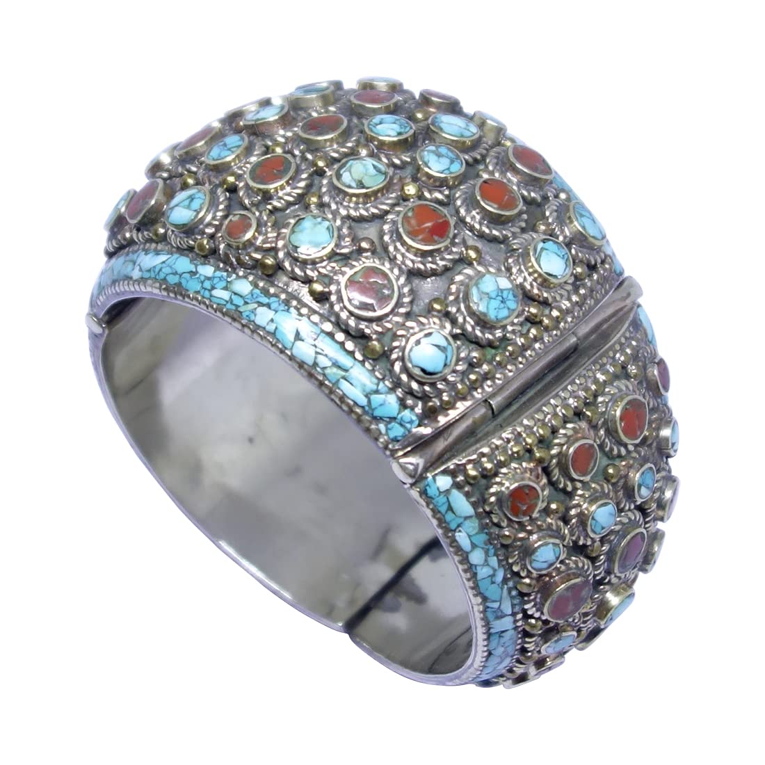Bracciale Rigido Unisex In Rame E Argento Stile Boho Tibetano - Con Mantra E Intarsi Turchesi, Regolabile