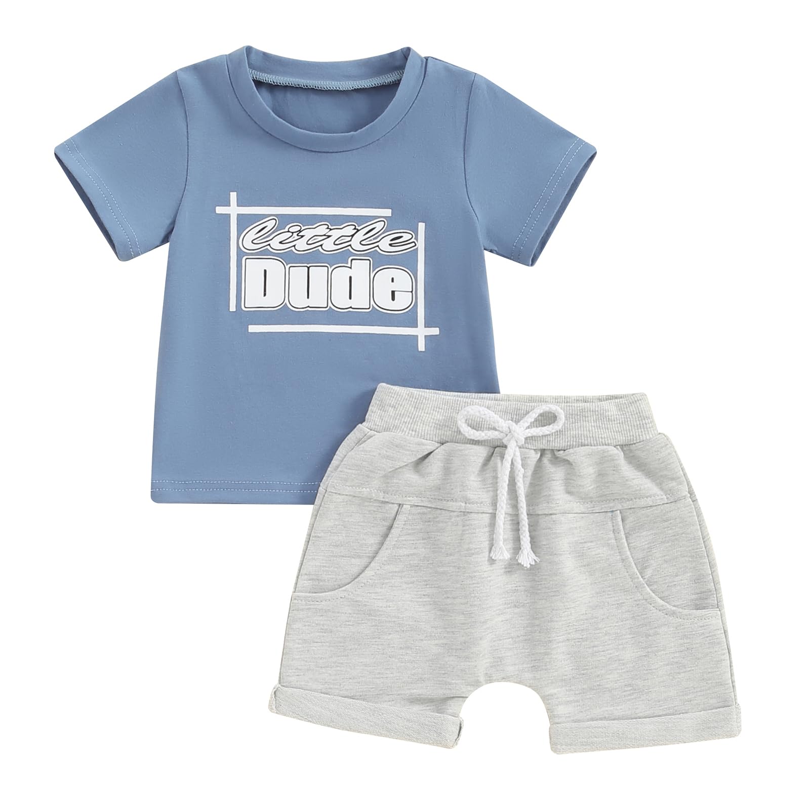 Toddler Baby Boy Summer Clothes Little Dude Short Sleeve Letter T Shirt Top Shorts Set Casual Infant 2Pcs Outfits (Blue, 6-12 Months)
