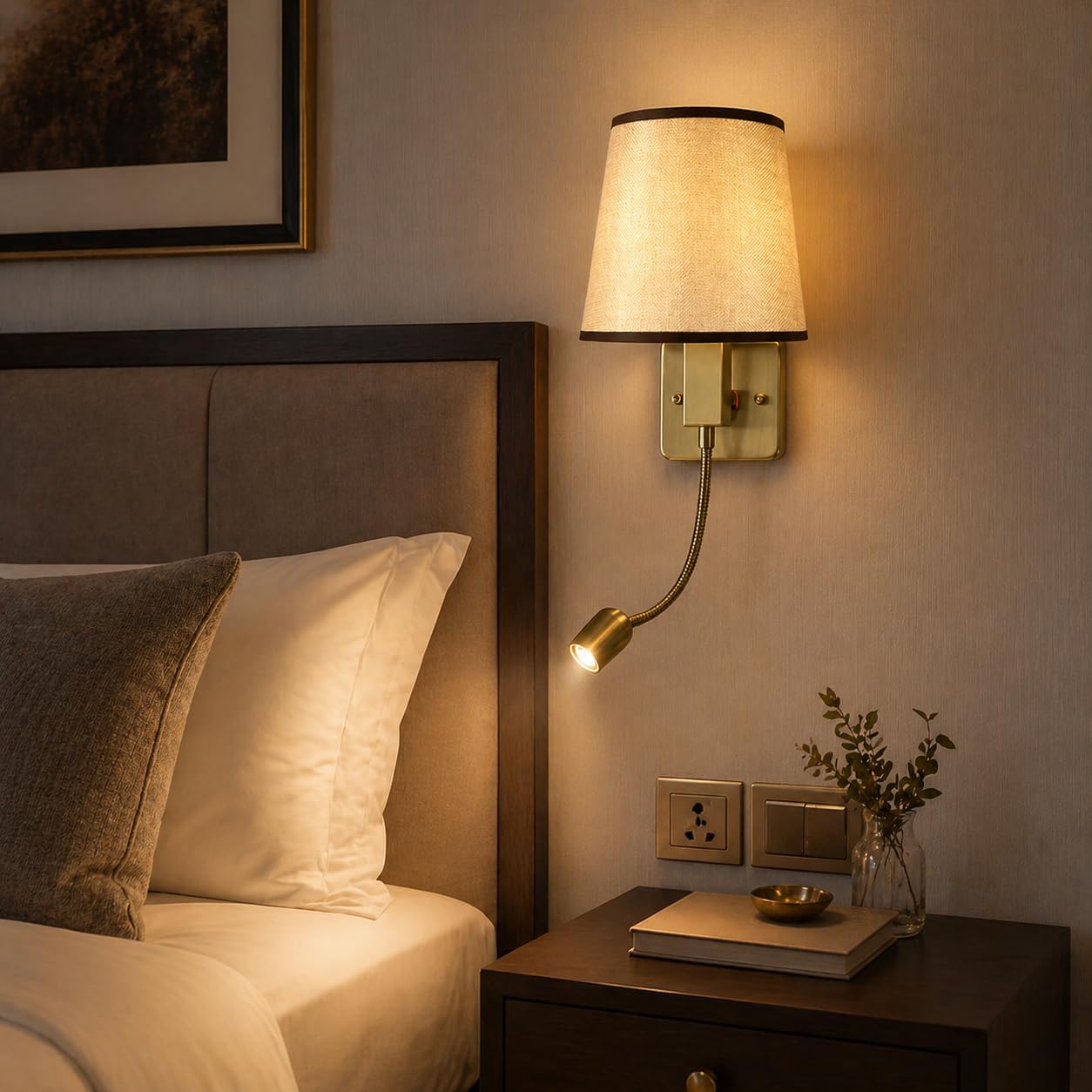 TRIPPING Antique Gold Dual Light Wall Lamp with Fabric Shade and Flexible Reading Light, B22 Holder, Warm Ambient Bedside Wall Fixture for Bedroom Living Room-image-40