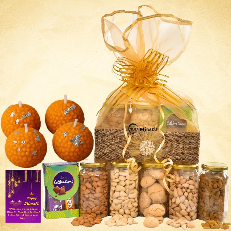 Image of NUTRI MIRACLE Diwali Dry Fruits Chocolates Nuts with Laddu Candles Gift Box for Clients & Employees