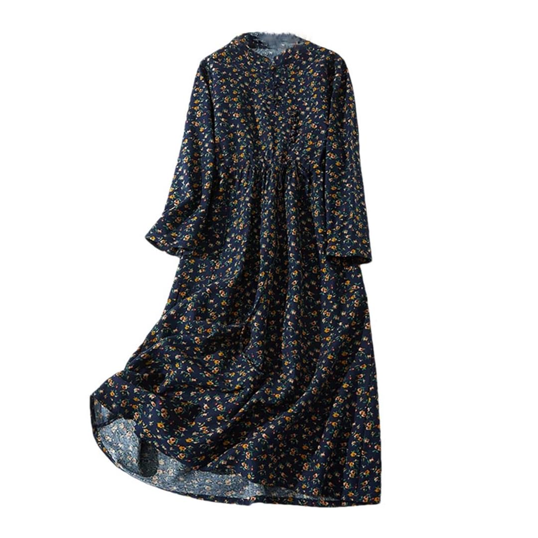Vestido de algodón y lino con estampado floral para mujer, manga larga, cuello alto, casual, vestido midi, 666, XXL