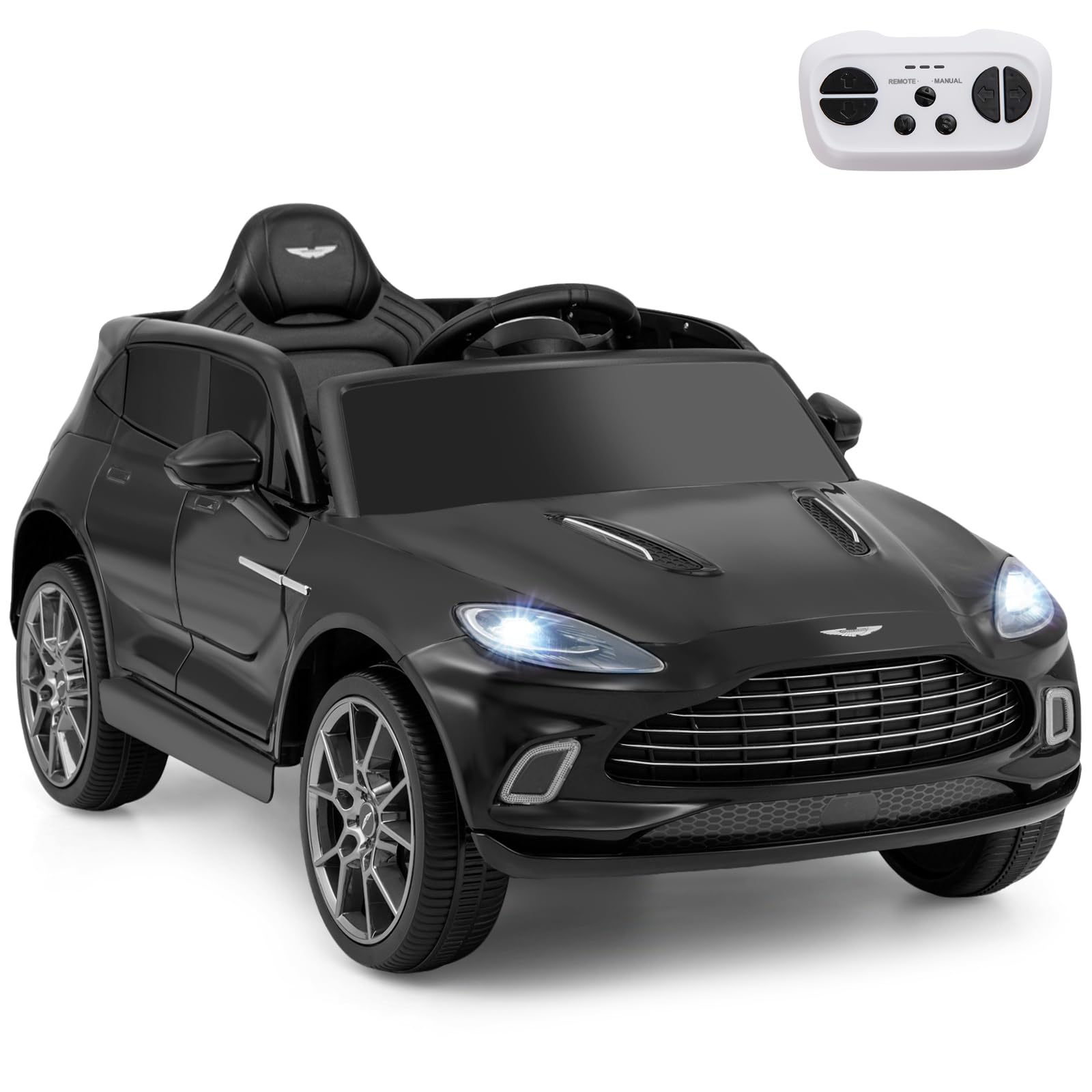 GYMAX Kids Ride on Car, 12V Battery Powered Licensed Aston Martin DBX Toy Car with Remote Control, Music, Bluetooth, FM, USB, Slow Start & Safety Belt, Children Electric Vehicle for Boys Girls (Black)