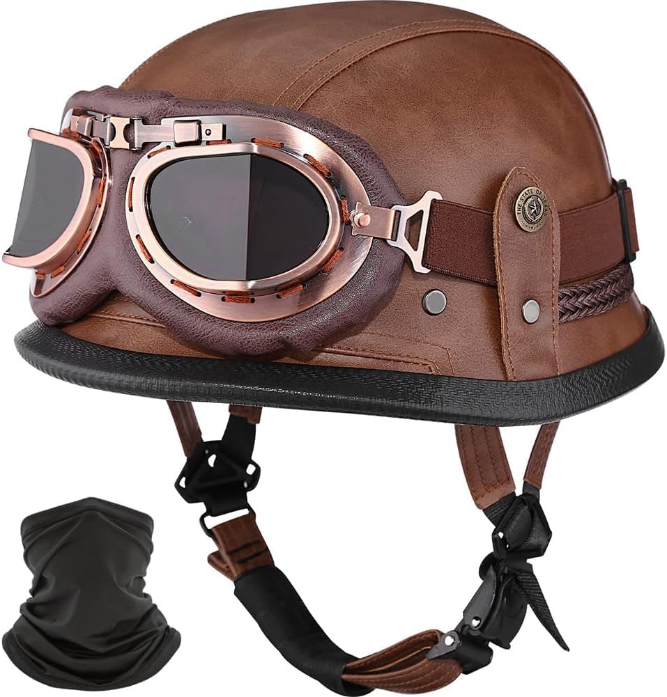 Kask Motocyklowy Retro Niemiecki Ręcznie Robiony Skórzany Kask Z Szybkozłączką I Goglami - Kask Otwarty Vintage Z Homologacją Ece Do Cruiserów I Skuterów, E, L 59~60CM