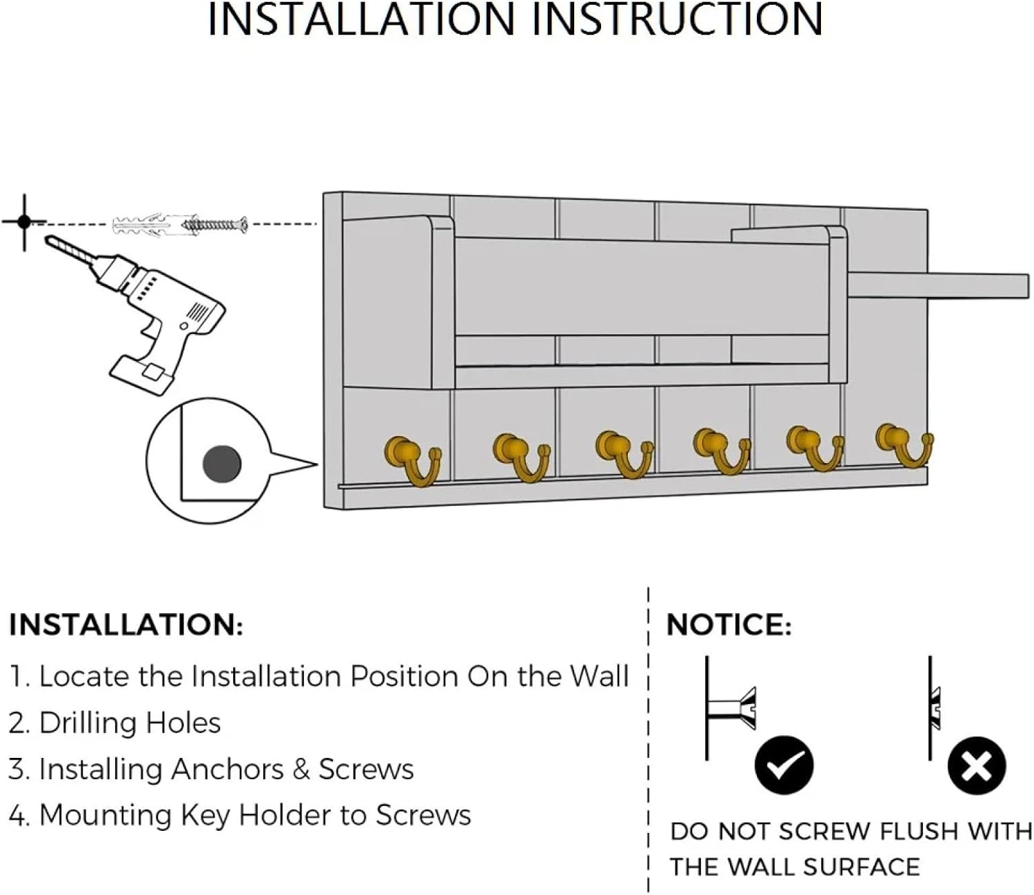 Estante De Pared De Madera Estudio Del Dormitorio Con 6 Ganchos para Llaves Estante Organizador De Pared De Madera Maciza para La Entrada De La Sala De Estar