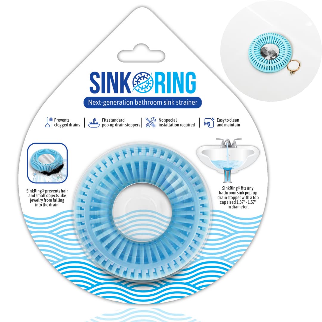 Bathroom Sink Hair Catcher for Pop-Up Drain – SinkRing 1.57" Precision Strainer for Bathroom Sink Drains | Clog-Free Hair Trap for Contacts, Earrings, Jewelry | No Suction or Screws – Aqua Blue