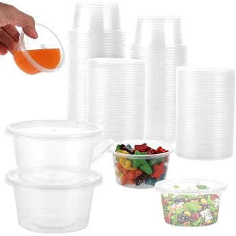 YAYODS Pack of 100 Storage Jars with Lids 100 ml - Small Plastic Jars - 4 oz Small Jars with Lids Plastic - Leak-Proof Sauce Cups Plastic Containers for Sauces Dips