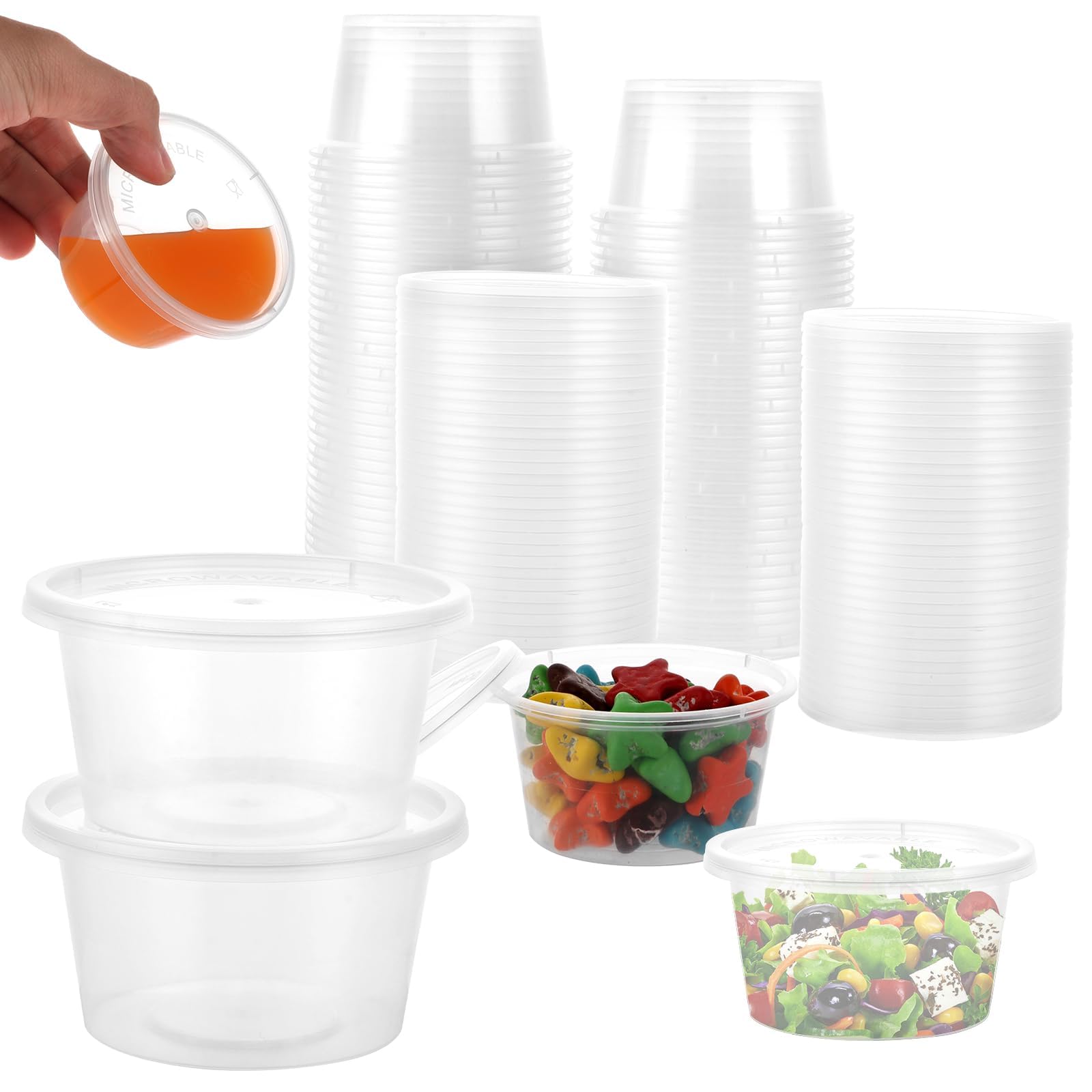 100 stuks Kleine voedselbewaardozen Plastic bekers met deksel, Ronde 30 ml sausbekers Transparante bewaardozen met deksel voor sauzen, dips, specerijen, ketchup (geschikt voor magnetron