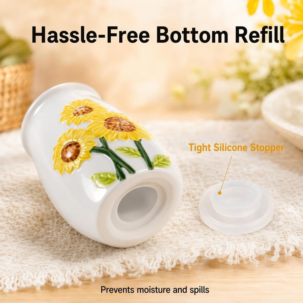 Ceramic Sunflower Salt and Pepper Shakers Set White Cute Floral Dispenser
