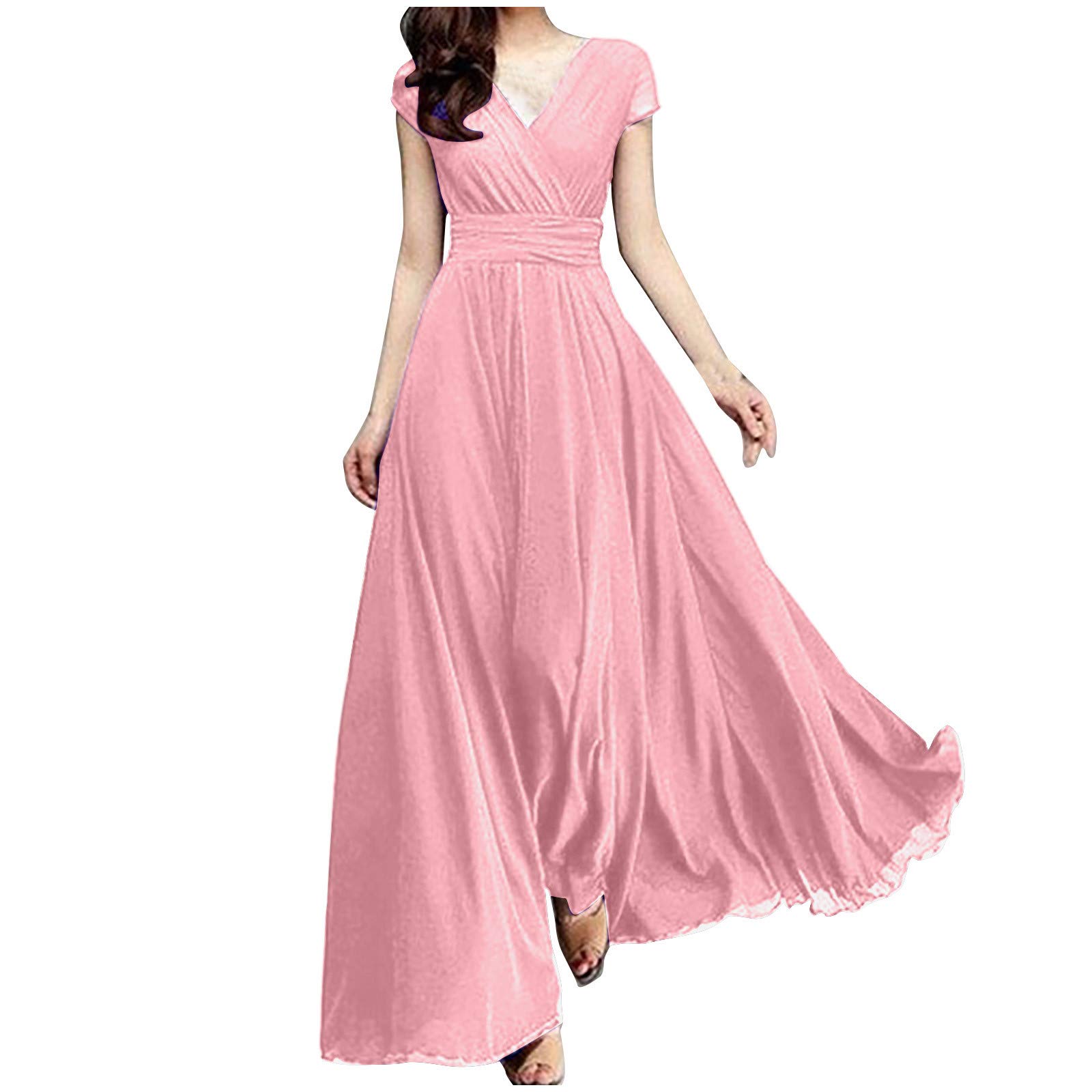 NUSGEAR 2023 Vestidos Largo para Mujer Moda Verano Color sólido Fiesta Gasa Vestido de Noche Cuello en V Manga Corta Elegante Vestidos de Cóctel Extra Larga Casual Vestido Novia Boda Vestir
