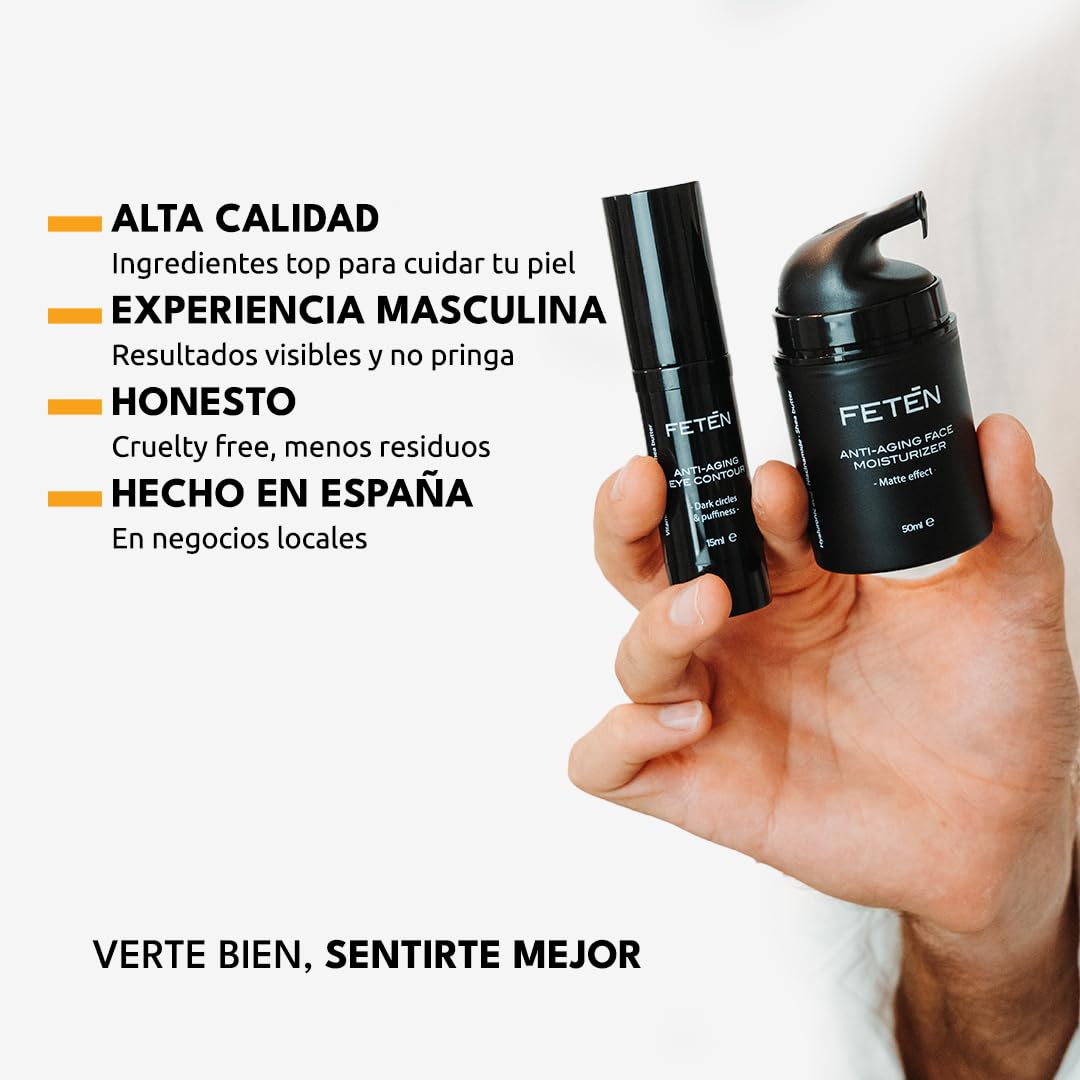 FETEN Set 360 Cuidado Facial Hombre - Pack Regalo Hombre 4 en 1 con Exfoliante, Sérum Antiarrugas con Vitamina C, Crema Hidratante y Contorno de Ojos Antiojeras