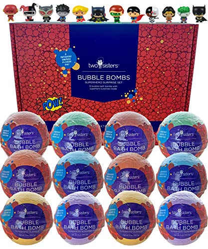 12 Superhero Bubble Bath Bombs for Kids with Surprise Toys Inside by Two Sisters Spa. Large 99% Natural Fizzies in Gift Box. Moisturizes Dry Sensitive Skin. Releases Color, Scent, and Bubbles
