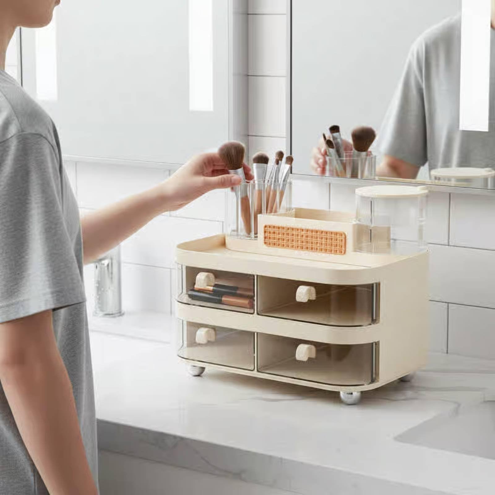 Kosmetik Organizer Schminkaufbewahrung Make Up Halter Aufbewahrungsbox mit Palettenfach Schubladen Drehfunktion PET für Ankleidebereich Bad Büro Zuhause