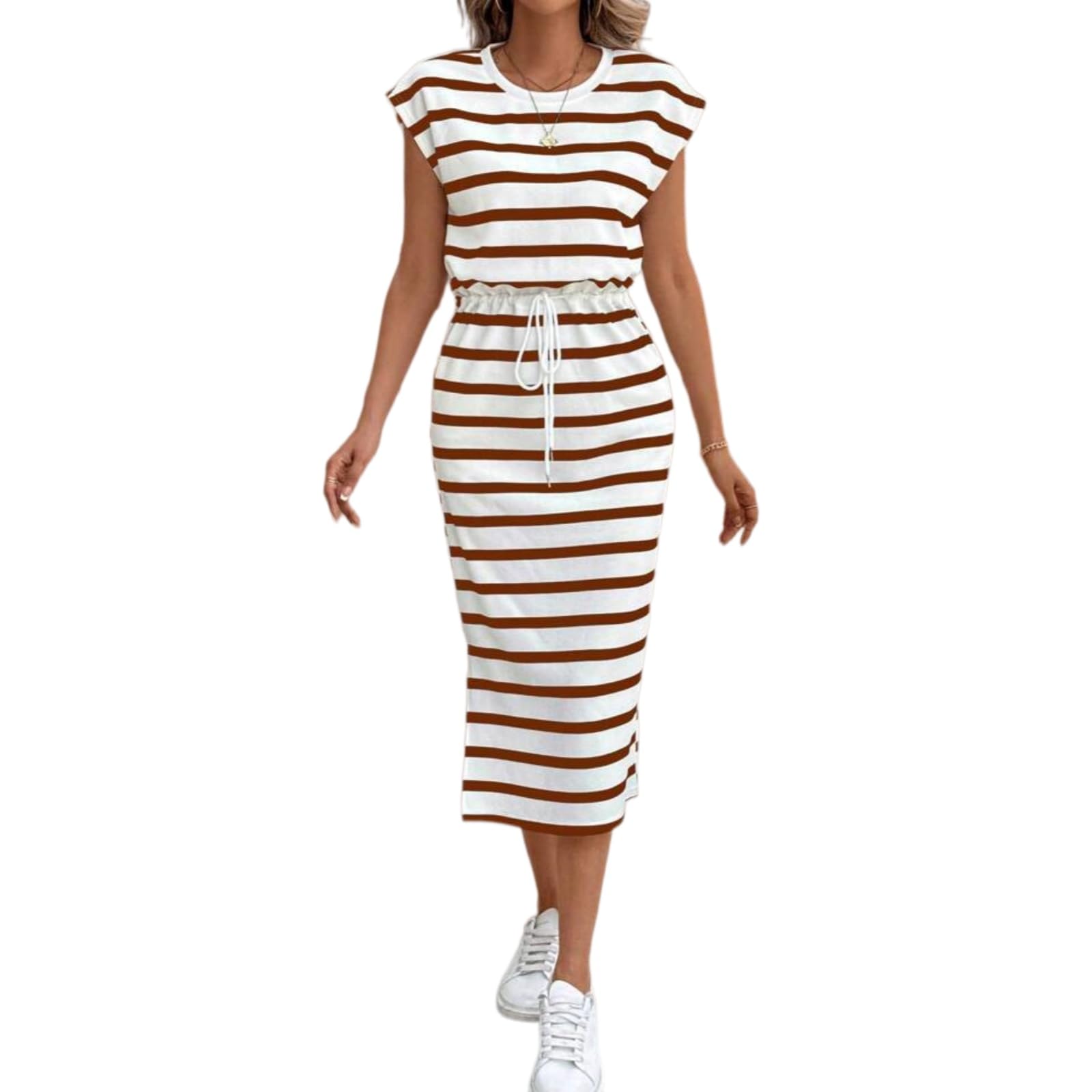 Abito Midi a Righe da Donna con Spacco e Coulisse in Vita | Abito a T-shirt con scollo rotondo, maniche ad aletta e coulisse regolabile; abito estivo con spacco laterale