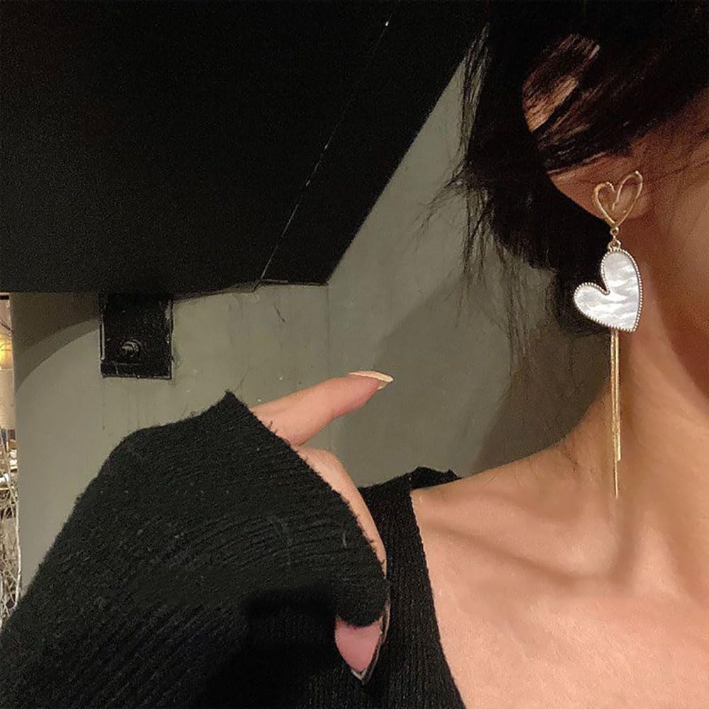 14K Glod Heart Tassel Earrings Cute Heart Asymmetrical Dangle Earrings Preppy Drop Earrings - Image 2