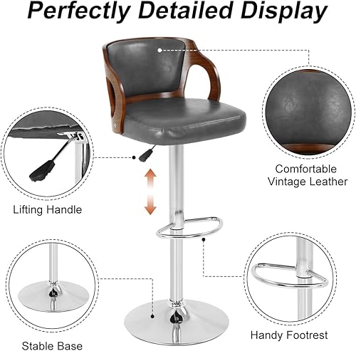 Miniatura 4 de Juego de 2 taburetes de bar modernos de piel sintética con base resistente, respaldo, acolchado para cocina, pub, comedor, cafetería Gris,Rojo