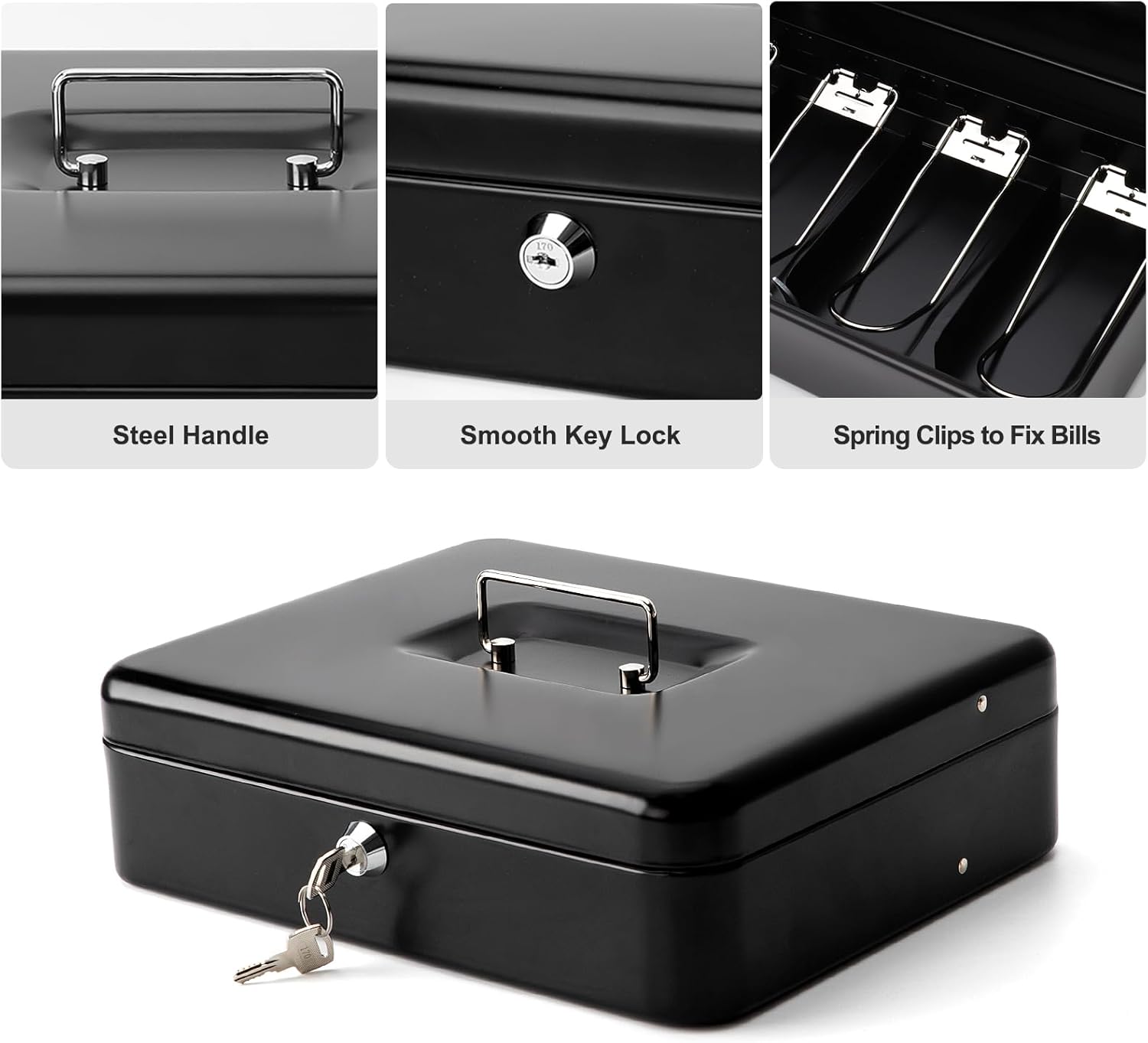 Cash Box with Money Tray and Lock - Secure Money Box for Cash, Metal Lock Box with Key, Portable Money Saving Organizer for Home Office Business, 11.8"L x 9.5"W x 3.5"H, KL Black