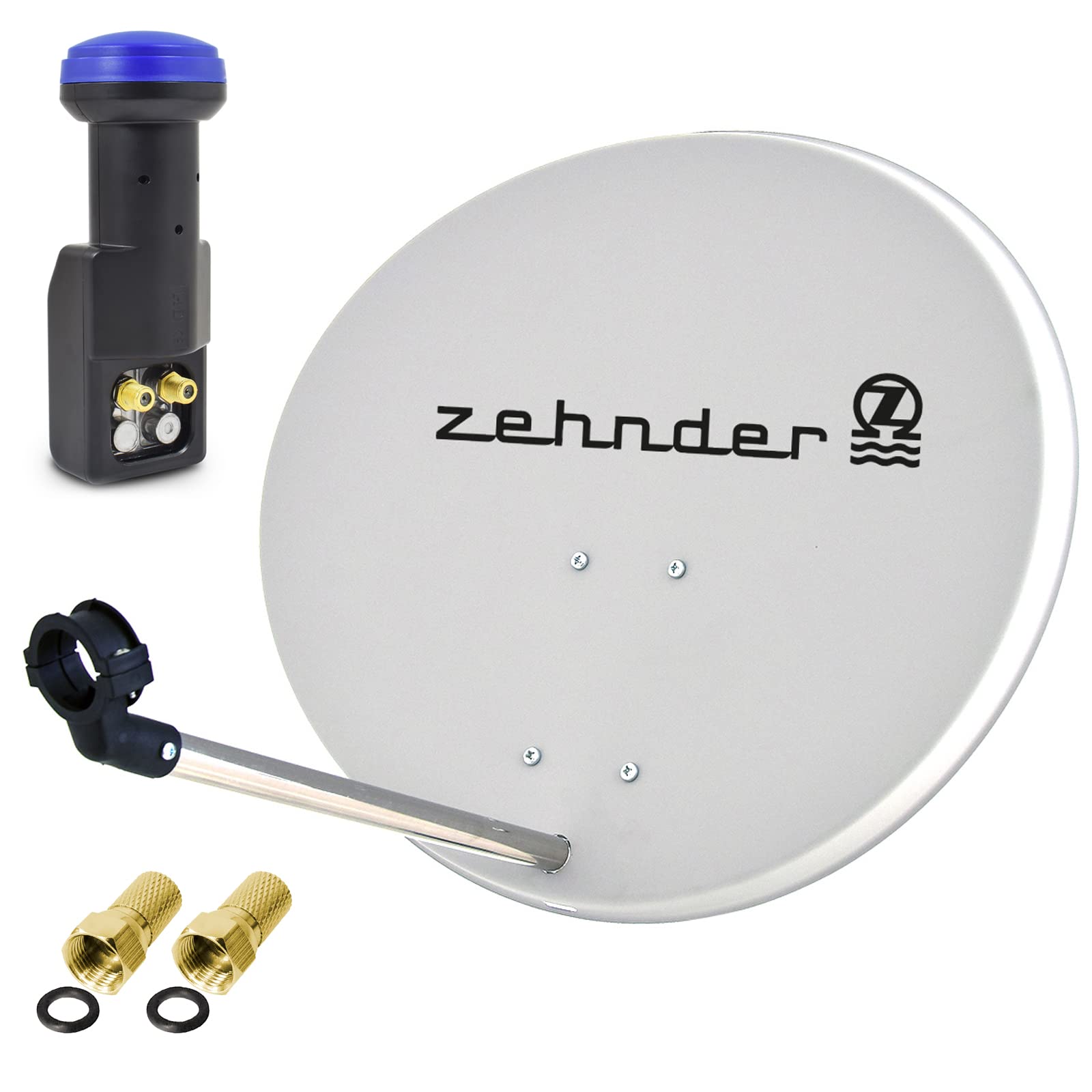 Zehnder 60cm Spiegel Schüssel Stahl + Twin LNB | 2 Teilnehmer SAT Anlage HD Digital Set hellgrau | DVB-S/S2 Full HDTV 3D 4K Ultra HD UHD Empfang