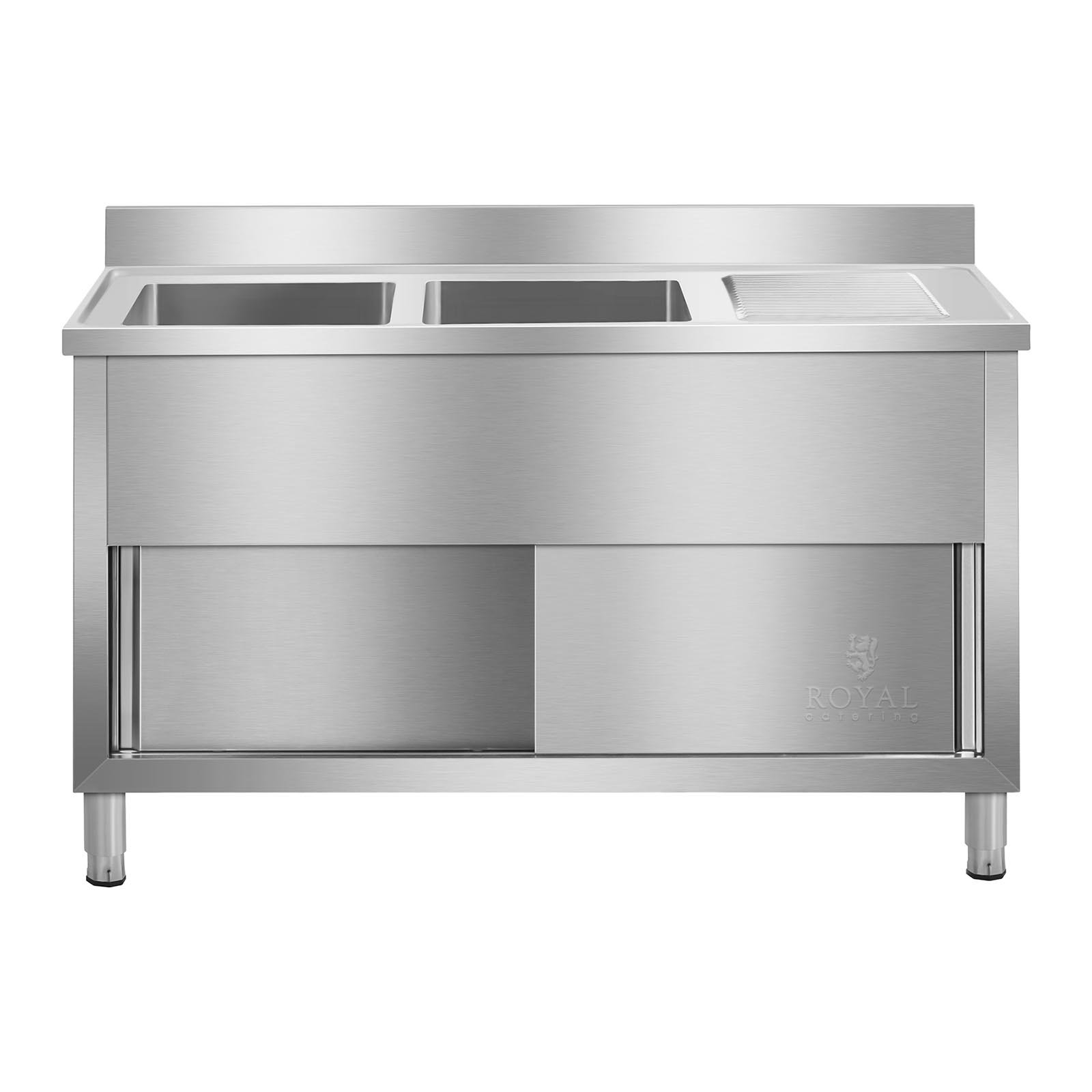 Royal Catering RCHS-1400WS Lavello Cucina Inox Lavello Armadiato Doppio Professionale (2 Vasche, Acciaio Inox, Porte Scorrevoli, 64x140x95,5 cm)