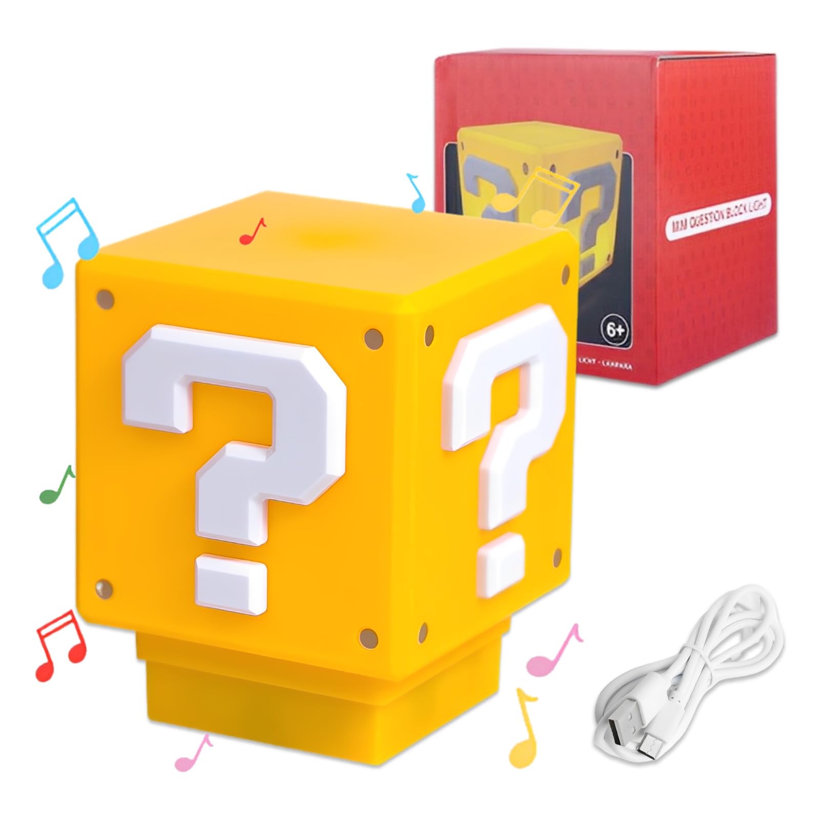Ycaaeo Lampara Super Bros Cubo,Luz de Signo de Interrogación con Sonido,Cubo de Lámpara de Icono 3D,Lámpara Mesa de Noche Super Bros,Lámpara De Mesita De Noche para Niños