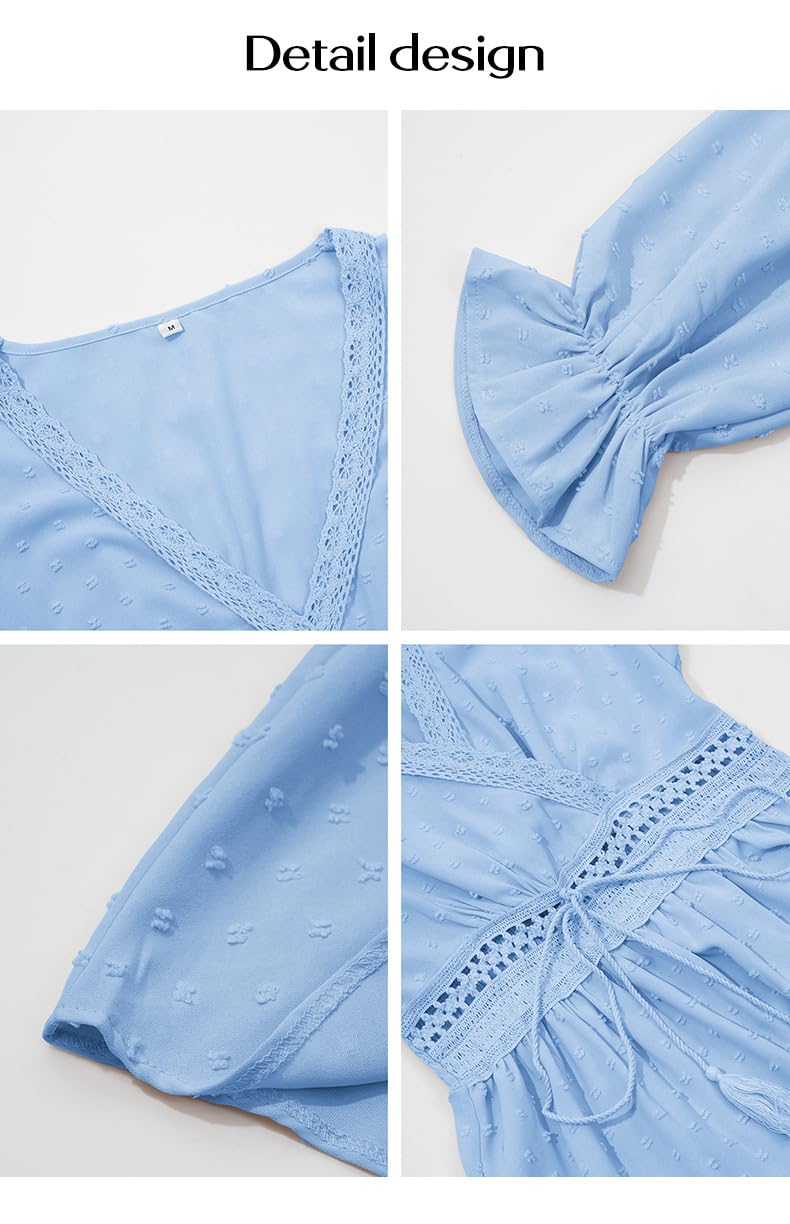 Blusas Mujer, Blusas Encaje Ganchillo Estilo Boho Mujer Manga Larga Abullonada Estilo Babydoll Lunares Suizos Cintura Ajustada Encaje Recortado Top Informal Verano Salir Túnica Citas Diarias Vacaci