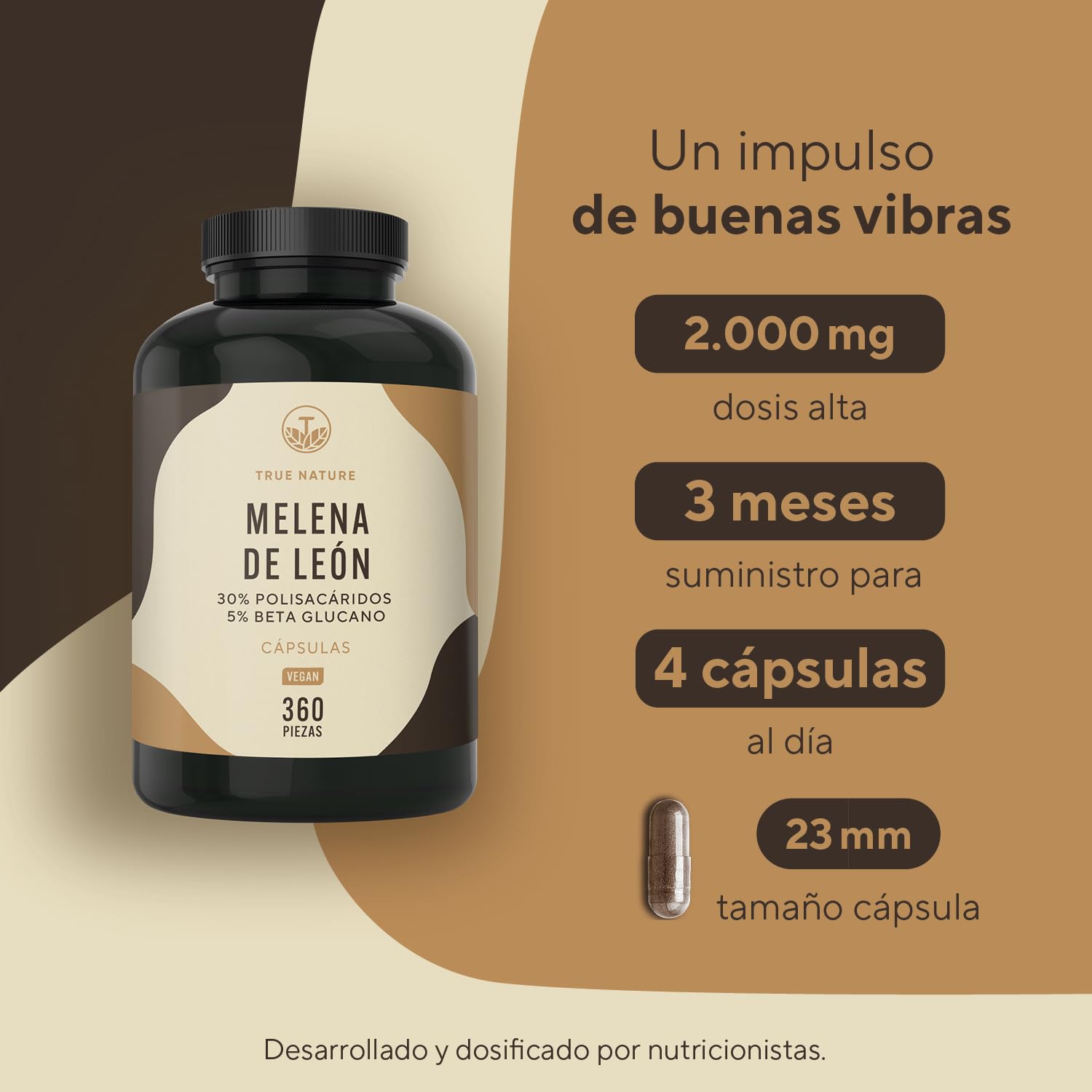 Melena de León 60.000mg (Extracto 30:1) - 360 cápsulas - Lions mane (Hericium Erinaceus) con 30% de polisacáridos y 5% de betaglucano - vegano – TRUE NATURE