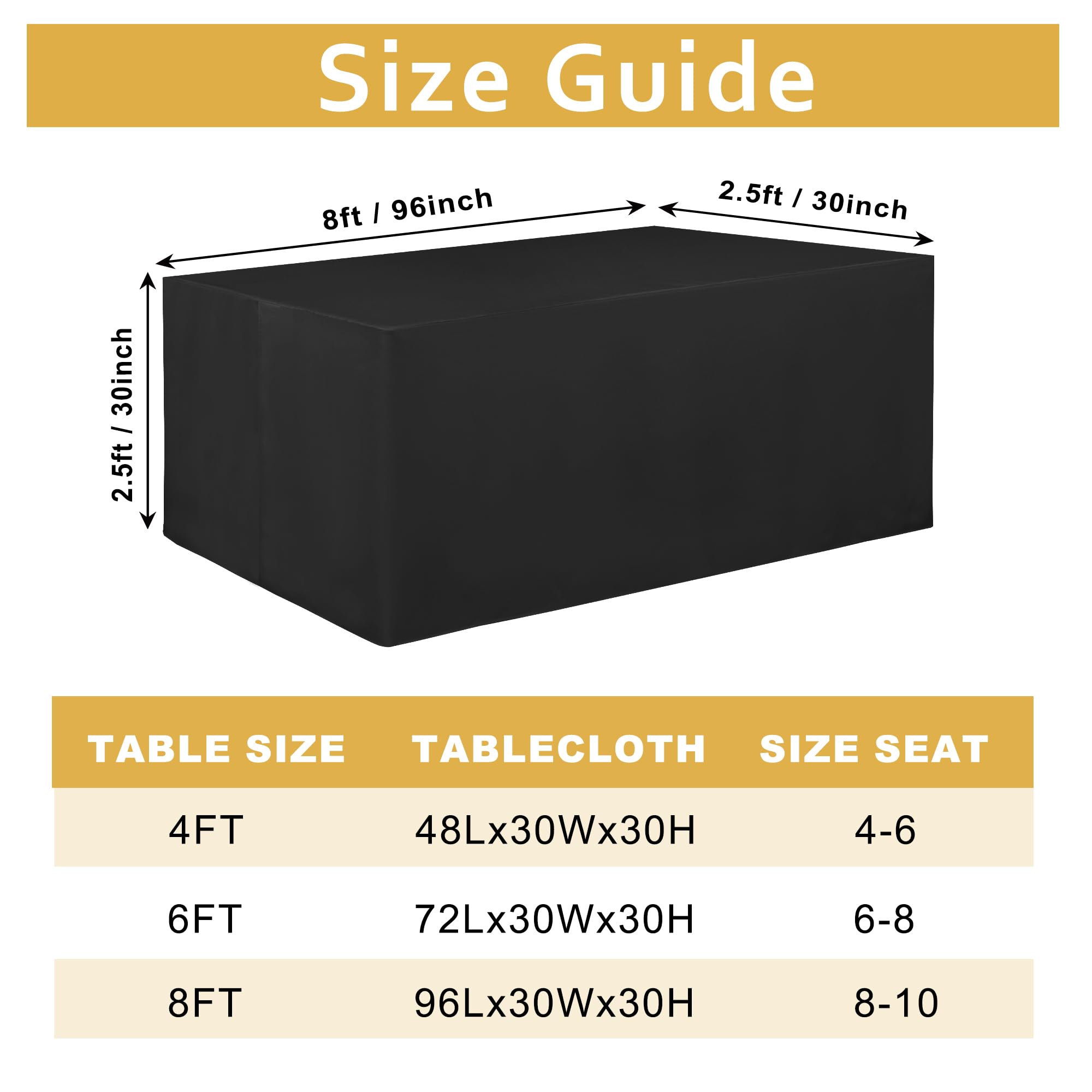 JIUZHEN Black Waterproof Polyester Table Cloth 1 Pack, Fitted Tablecloths for 8 Foot Tables, 96 x 30 Inch Rectangular Tablecloth for Events, Weddings, Parties, Banquets - 3