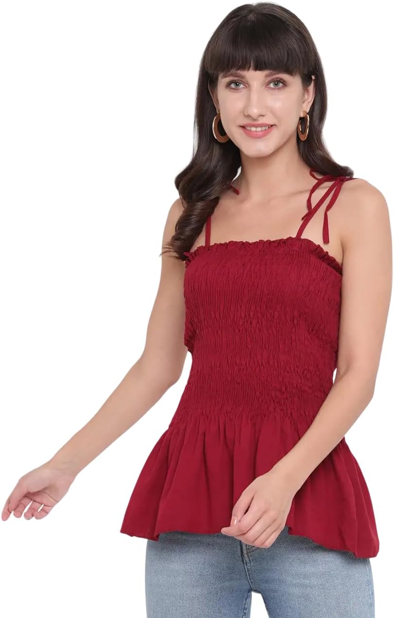 Bigdave Women's Rayon Solid Casual Summer Style Tie Shoulder Straps Free Size Tank Top (Maroon)