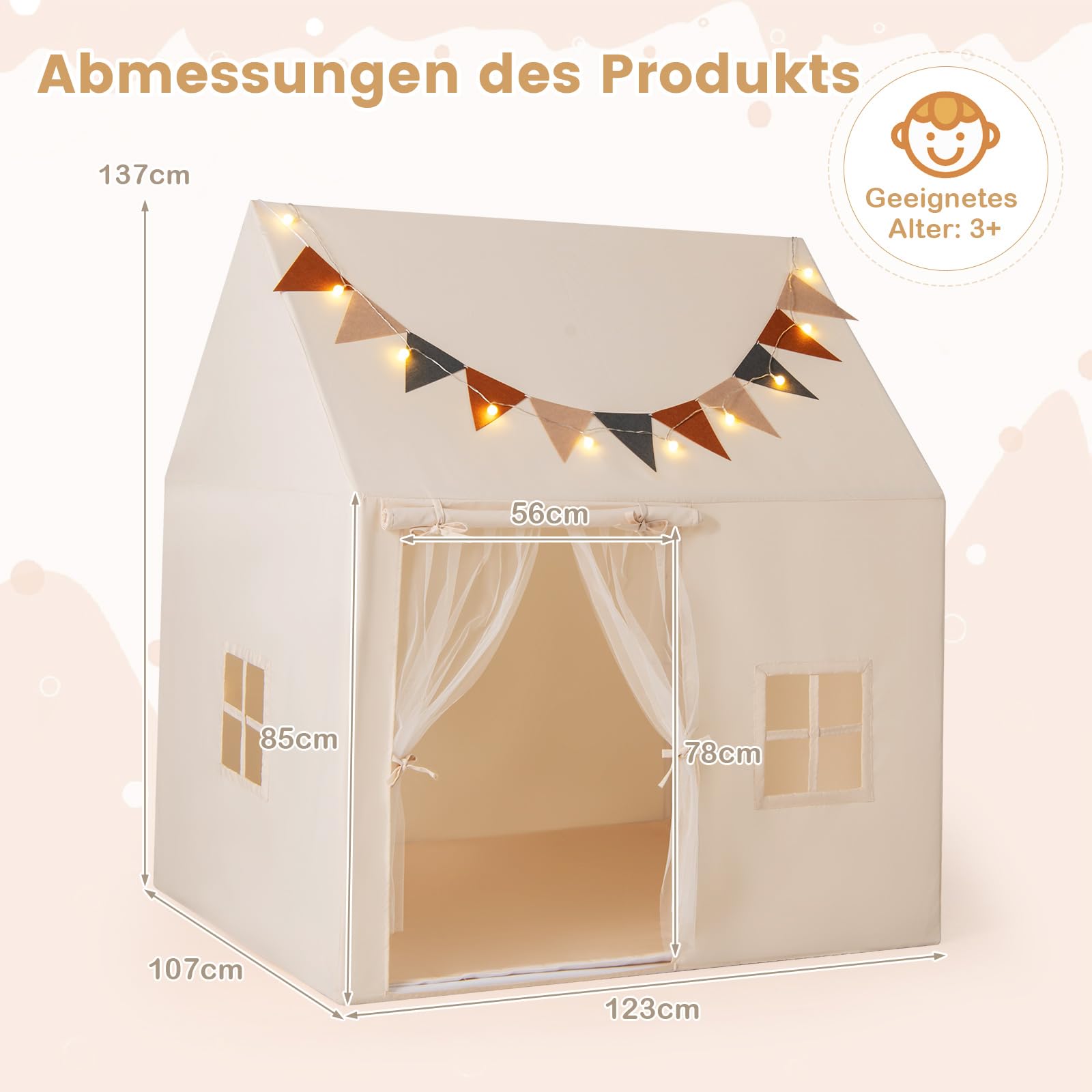 COSTWAY Kinderzelt für Drinnen, Spielhaus Kinder Indoor mit rutschfeste Matte & Lichterketten & Flaggen, Spielzelt Kinderzimmer Zelt für Kinder ab 3 Jahren