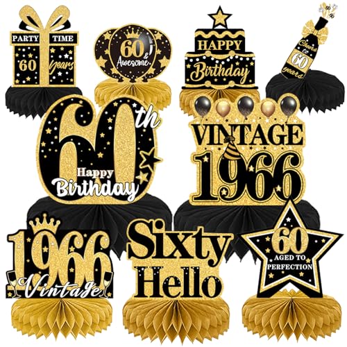 Image of 60th Birthday Party Decorations - 9PCS Vintage 60th Birthday Table Decorations for Men Women Black Gold Table Honeycomb Centerpiece Decorations Supplies for Sixty Year Old Birthday Party