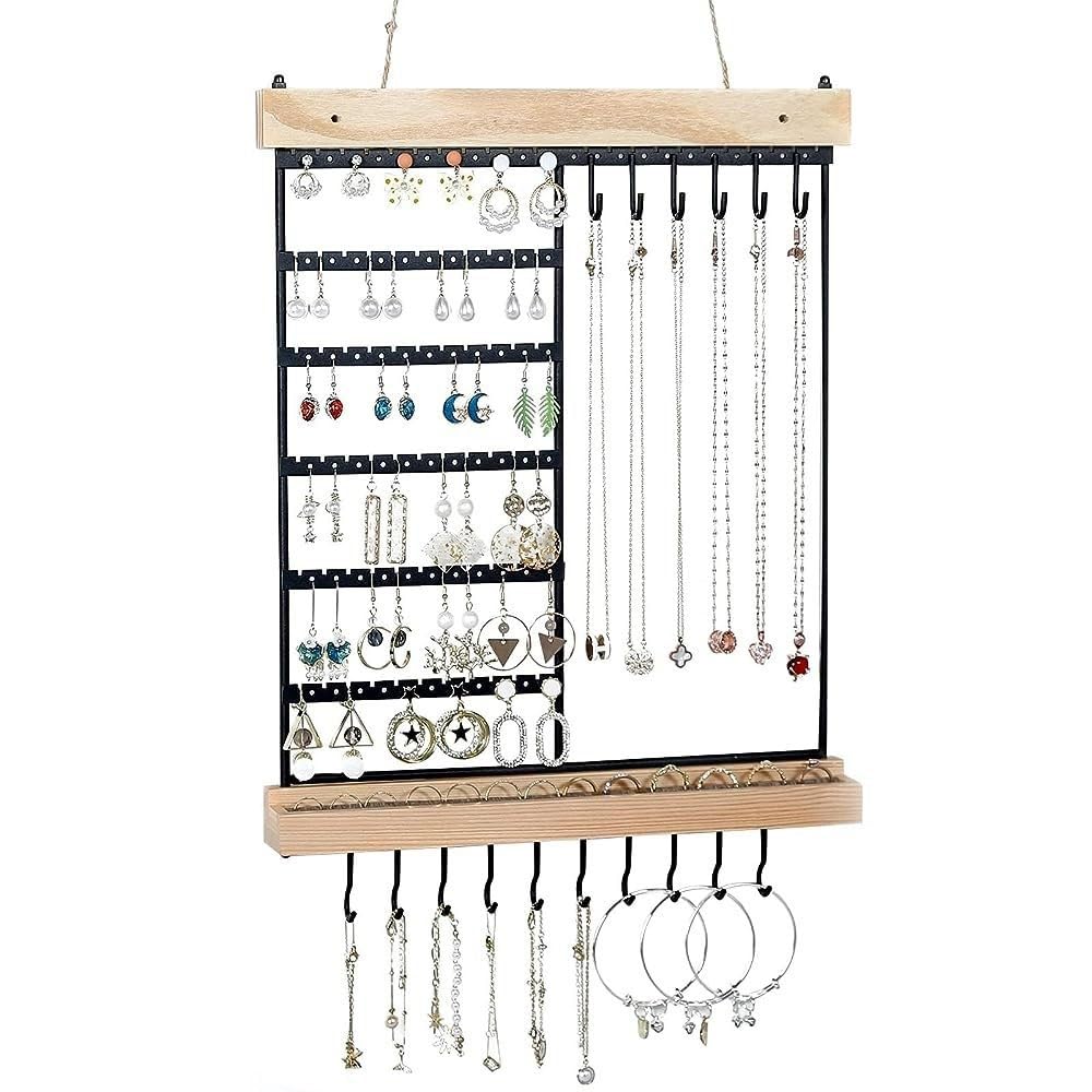 XUJUAN-0227 Jewelry Holders Wall Mount Hanging 5-Tier Earring Holder with Necklace Hooks Wooden & Metal Jewelry