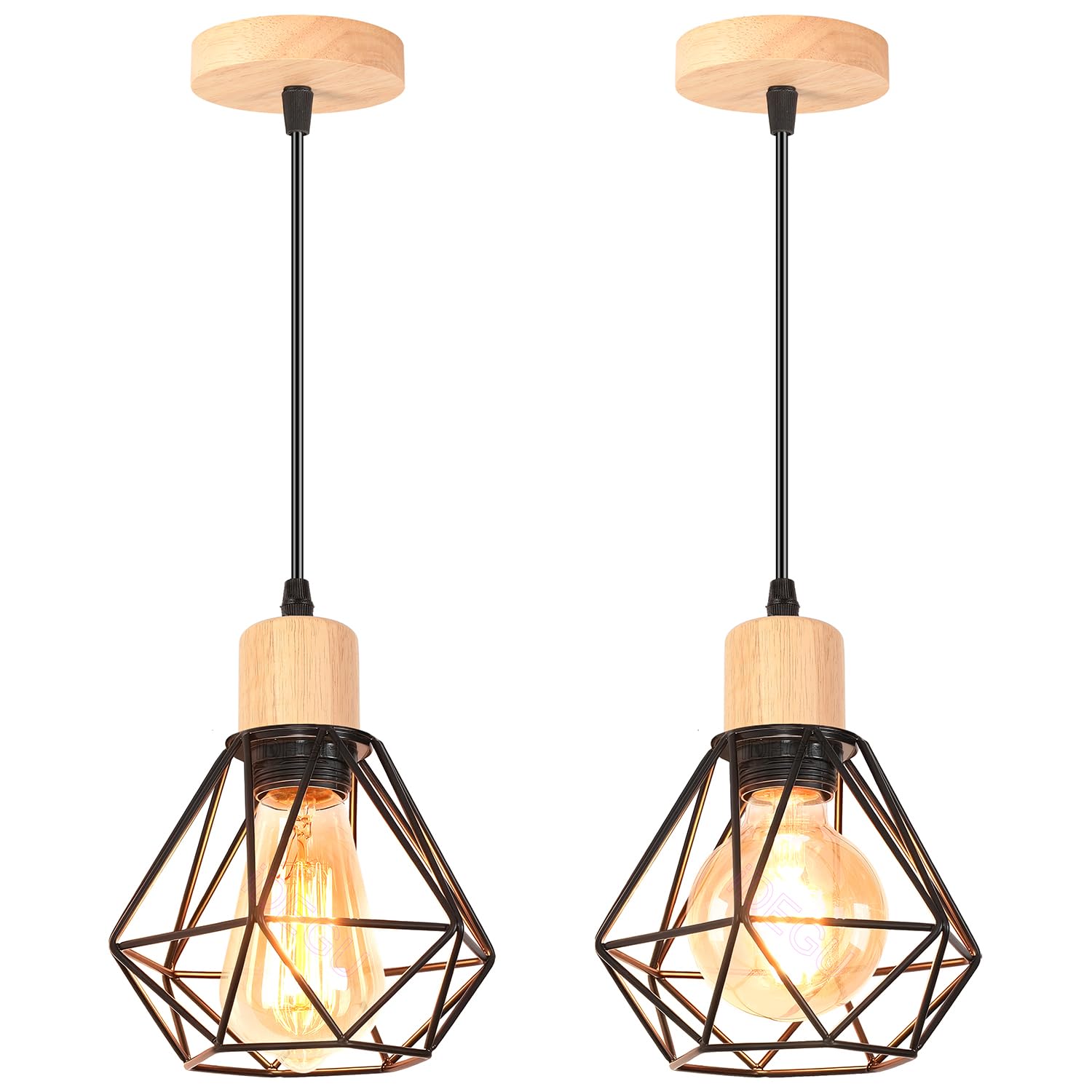 iDEGU 2 Piezas Lámpara Colgante Vintage Industrial Iluminación Colgante de Madera Metal E27 Retro Pantalla Diseño Jaula 16cm Luz Colgante Lámpara de Techo para Dormitorio Salón Pasillo Cocina (Negro)